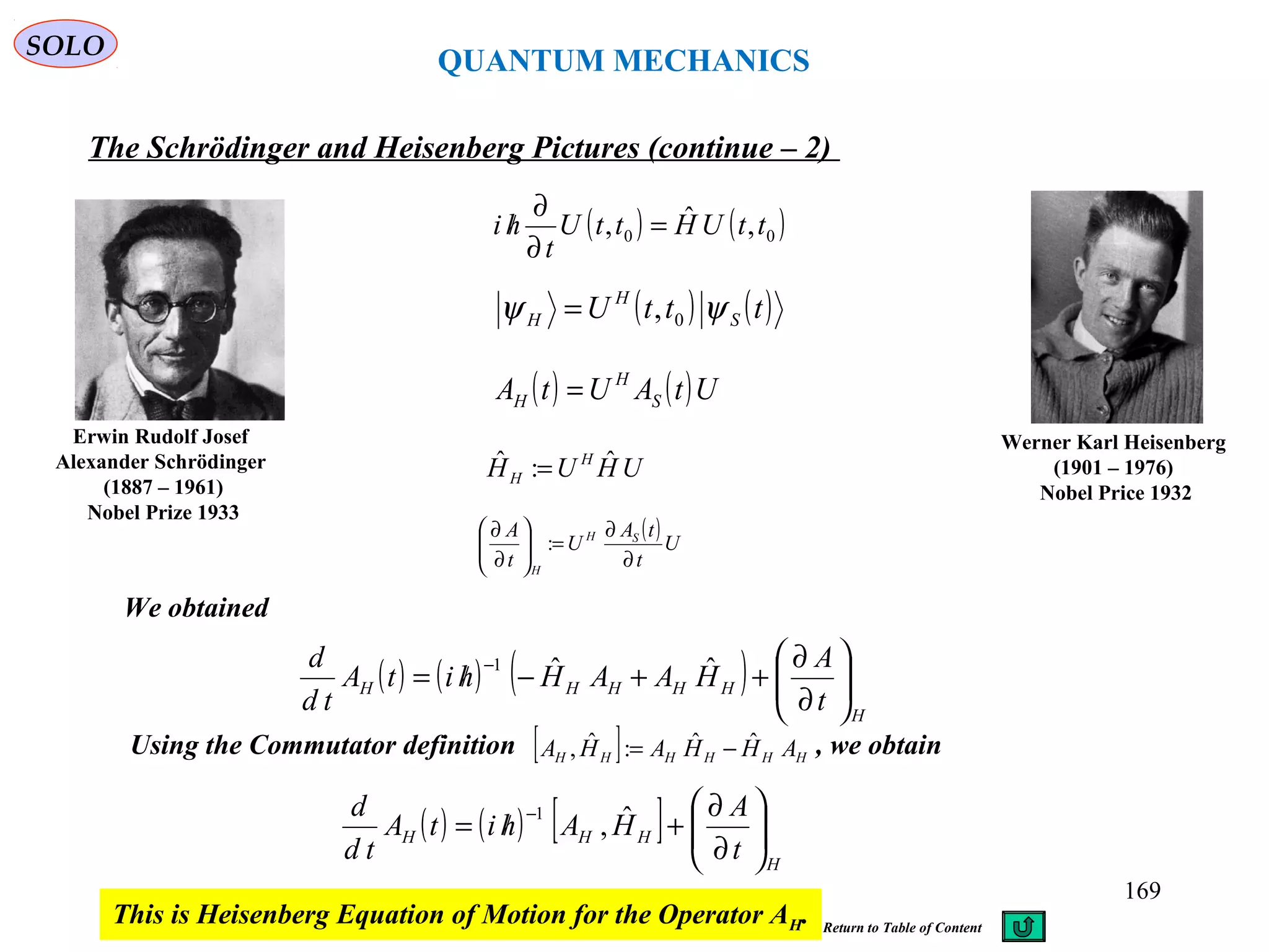QUANTUM MECHANICS
The Schrödinger and Heisenberg Pictures (continue – 2)
Werner Karl Heisenberg
(1901 – 1976)
Nobel Price 1932
Erwin Rudolf Josef
Alexander Schrödinger
(1887 – 1961)
Nobel Prize 1933
( ) ( )UtAUtA S
H
H =
( ) ( )tttU S
H
H ψψ 0,=
( ) ( )00 ,ˆ, ttUHttU
t
hi =
∂
∂
/
( ) ( ) ( )
H
HHHHH
t
A
HAAHhitA
td
d






∂
∂
++−/=
− ˆˆ1
We obtained
UHUH H
H
ˆ:ˆ =
( )U
t
tA
U
t
A SH
H
∂
∂
=





∂
∂
:
Using the Commutator definition , we obtain[ ] HHHHHH AHHAHA ˆˆ:ˆ, −=
( ) ( ) [ ]
H
HHH
t
A
HAhitA
td
d






∂
∂
+/=
− ˆ,
1
This is Heisenberg Equation of Motion for the Operator AH.
SOLO
169
Return to Table of Content
 