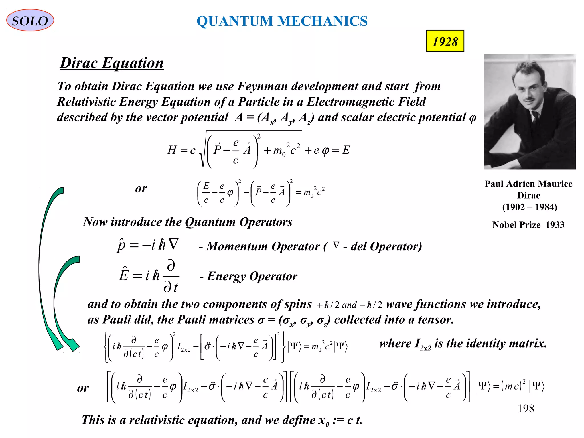 Dirac Equation
SOLO
198
1928
To obtain Dirac Equation we use Feynman development and start from
Relativistic Energy Equation of a Particle in a Electromagnetic Field
described by the vector potential A = (Ax, Ay, Az) and scalar electric potential φ
Now introduce the Quantum Operators
∇/−= hipˆ - Momentum Operator ( - del Operator)∇
- Energy Operator
t
hiE
∂
∂
/=ˆ
This is a relativistic equation, and we define x0 := c t.
EecmA
c
e
PcH =++





−= ϕ22
0
2

and to obtain the two components of spins wave functions we introduce,
as Pauli did, the Pauli matrices σ = (σx, σy, σz) collected into a tensor.
2/2/ handh /−/+
where I2x2 is the identity matrix.
( )
Ψ=Ψ




















−∇/−⋅−





−
∂
∂
/ 22
0
2
2x2
2
cmA
c
e
hiI
c
e
tc
hi

σϕ
22
0
22
cmA
c
e
P
c
e
c
E
=





−−





−

ϕor
( ) ( )
( ) Ψ=Ψ











−∇/−⋅−





−
∂
∂
/











−∇/−⋅+





−
∂
∂
/
2
2x22x2 cmA
c
e
hiI
c
e
tc
hiA
c
e
hiI
c
e
tc
hi

σϕσϕor
Paul Adrien Maurice
Dirac
(1902 – 1984)
Nobel Prize 1933
QUANTUM MECHANICS
 