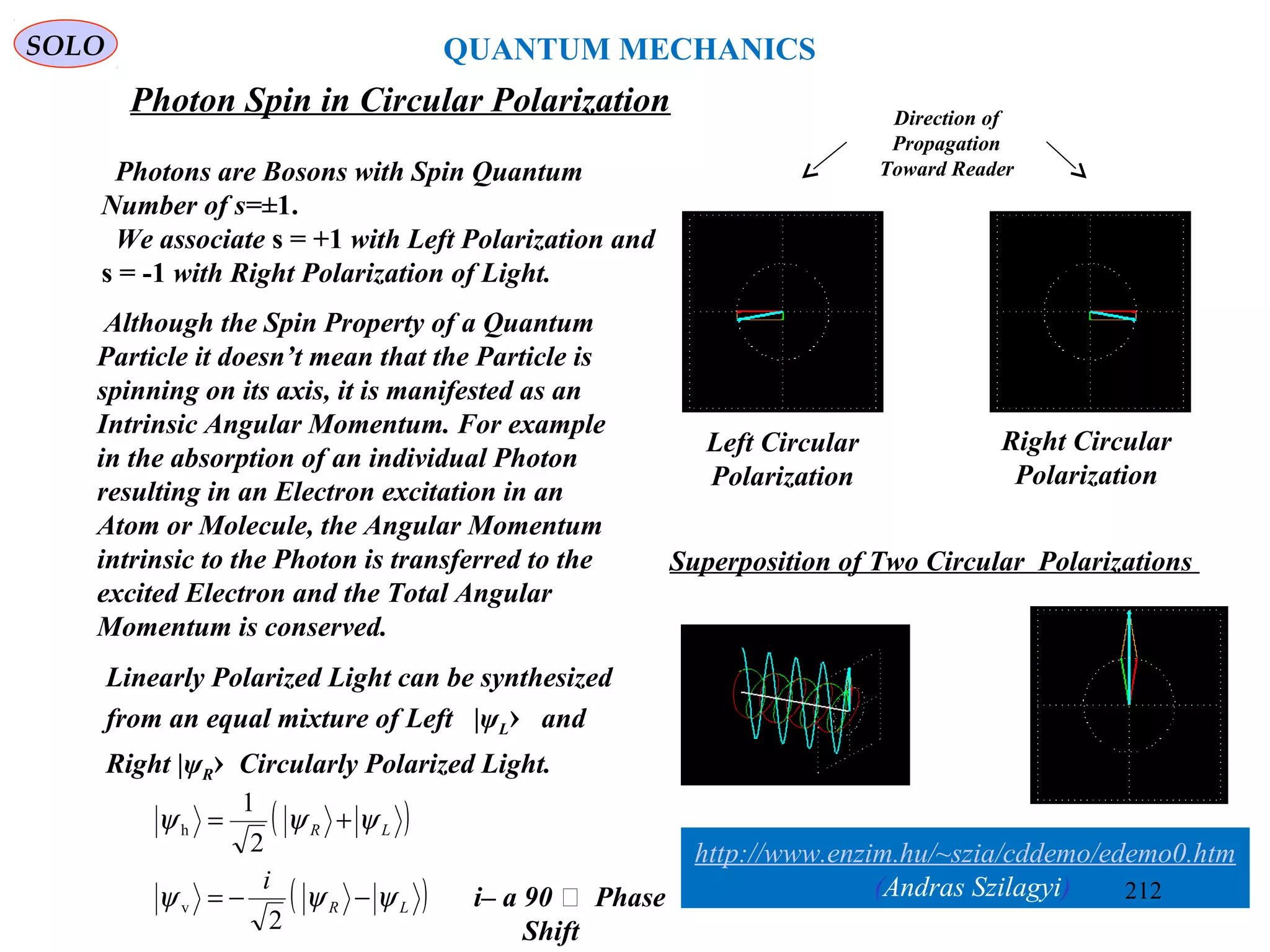 Photon Spin in Circular Polarization
SOLO
Left Circular
Polarization
Right Circular
Polarization
Direction of
Propagation
Toward ReaderPhotons are Bosons with Spin Quantum
Number of s=±1.
We associate s = +1 with Left Polarization and
s = -1 with Right Polarization of Light.
http://www.enzim.hu/~szia/cddemo/edemo0.htm
(Andras Szilagyi)
Superposition of Two Circular Polarizations
Although the Spin Property of a Quantum
Particle it doesn’t mean that the Particle is
spinning on its axis, it is manifested as an
Intrinsic Angular Momentum. For example
in the absorption of an individual Photon
resulting in an Electron excitation in an
Atom or Molecule, the Angular Momentum
intrinsic to the Photon is transferred to the
excited Electron and the Total Angular
Momentum is conserved.
Linearly Polarized Light can be synthesized
from an equal mixture of Left |ψL› and
Right |ψR› Circularly Polarized Light.
( )
( )LR
LR
i
ψψψ
ψψψ
−−=
+=
2
2
1
v
h
i– a 90 ͦ Phase
Shift
QUANTUM MECHANICS
212
 