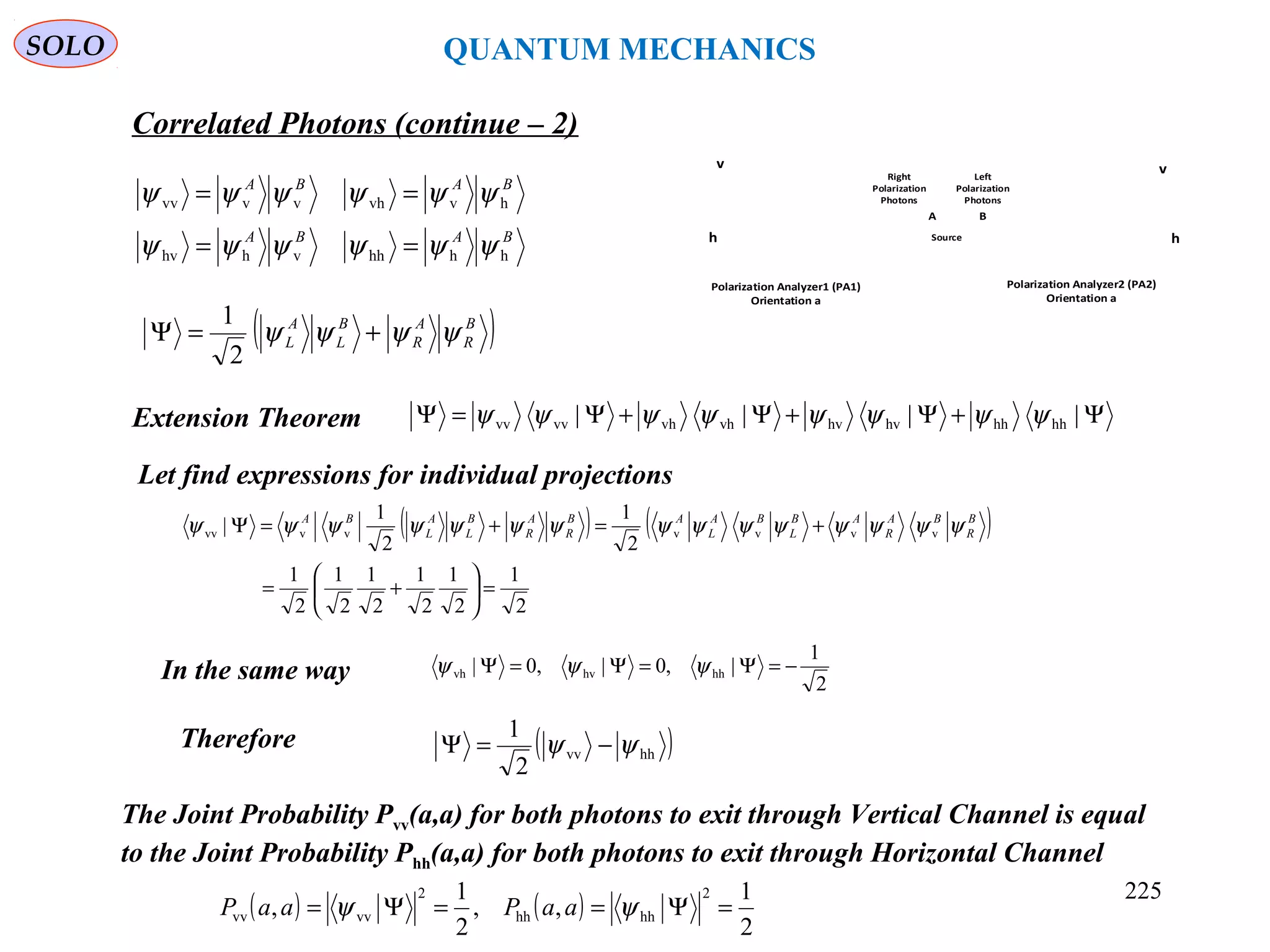SOLO QUANTUM MECHANICS
Source
v
h
Polarization Analyzer2 (PA2)
Orientation a
v
h
Polarization Analyzer1 (PA1)
Orientation a
BA
Left
Polarization
Photons
Right
Polarization
Photons
In the same way
BABA
BABA
hhhhvhhv
hvvhvvvv
ψψψψψψ
ψψψψψψ
==
==
Ψ+Ψ+Ψ+Ψ=Ψ |||| hhhhhvhvvhvhvvvv ψψψψψψψψ
Let find expressions for individual projections
( )B
R
A
R
B
L
A
L ψψψψ +=Ψ
2
1
Extension Theorem
( ) ( )
2
1
2
1
2
1
2
1
2
1
2
1
2
1
2
1
| vvvvvvvv
=





+=
+=+=Ψ B
R
BA
R
AB
L
BA
L
AB
R
A
R
B
L
A
L
BA
ψψψψψψψψψψψψψψψ
2
1
|,0|,0| hhhvvh −=Ψ=Ψ=Ψ ψψψ
Therefore ( )hhvv
2
1
ψψ −=Ψ
The Joint Probability Pvv(a,a) for both photons to exit through Vertical Channel is equal
to the Joint Probability Phh(a,a) for both photons to exit through Horizontal Channel
( ) ( )
2
1
,,
2
1
,
2
hhhh
2
vvvv =Ψ==Ψ= ψψ aaPaaP
Correlated Photons (continue – 2)
225
 