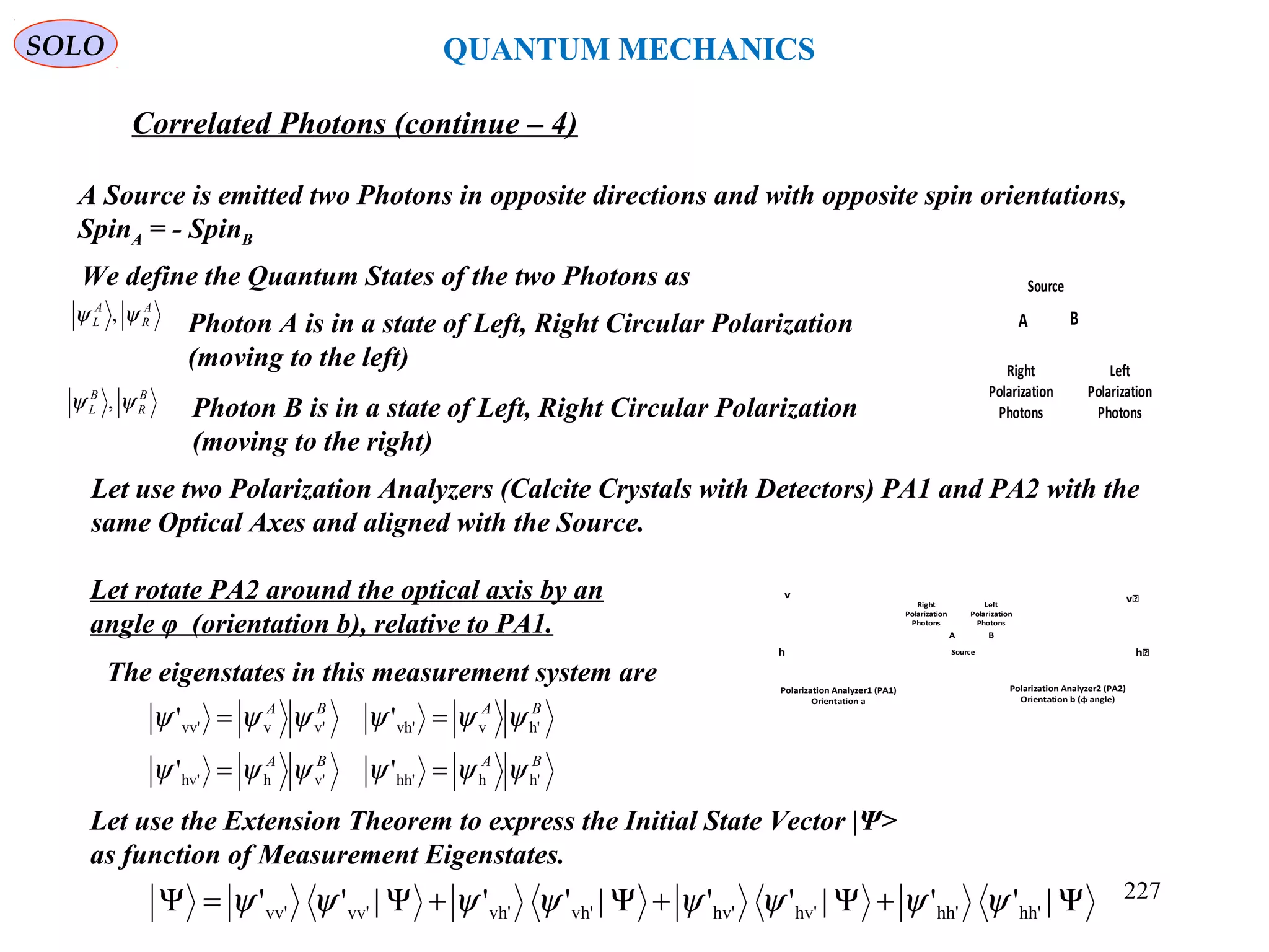 Source
BA
Left
Polarization
Photons
Right
Polarization
Photons
SOLO QUANTUM MECHANICS
A Source is emitted two Photons in opposite directions and with opposite spin orientations,
SpinA = - SpinB
We define the Quantum States of the two Photons as
A
R
A
L ψψ ,
B
R
B
L ψψ ,
Photon A is in a state of Left, Right Circular Polarization
(moving to the left)
Photon B is in a state of Left, Right Circular Polarization
(moving to the right)
Let use two Polarization Analyzers (Calcite Crystals with Detectors) PA1 and PA2 with the
same Optical Axes and aligned with the Source.
Let rotate PA2 around the optical axis by an
angle φ (orientation b), relative to PA1.
BABA
BABA
h'hhh'v'hhv'
h'vvh'v'vvv'
''
''
ψψψψψψ
ψψψψψψ
==
==
The eigenstates in this measurement system are
Let use the Extension Theorem to express the Initial State Vector |Ψ>
as function of Measurement Eigenstates.
Ψ+Ψ+Ψ+Ψ=Ψ |''|''|''|'' hh'hh'hv'hv'vh'vh'vv'vv' ψψψψψψψψ
Correlated Photons (continue – 4)
Source
v͛
h͛
Polarization Analyzer2 (PA2)
Orientation b (φ angle)
v
h
Polarization Analyzer1 (PA1)
Orientation a
BA
Left
Polarization
Photons
Right
Polarization
Photons
227
 