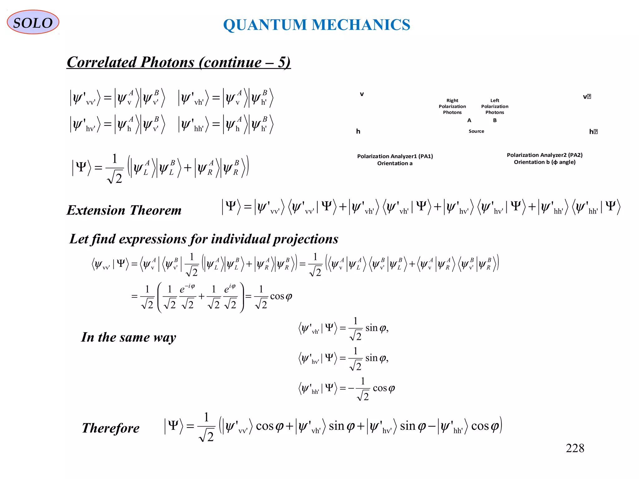 SOLO QUANTUM MECHANICS
In the same way
Let find expressions for individual projections
( )B
R
A
R
B
L
A
L ψψψψ +=Ψ
2
1
Extension Theorem
( ) ( )
ϕ
ψψψψψψψψψψψψψψψ
ϕϕ
cos
2
1
22
1
22
1
2
1
2
1
2
1
| v'vv'vv'vvv'
=





+=
+=+=Ψ
− ii
B
R
BA
R
AB
L
BA
L
AB
R
A
R
B
L
A
L
BA
ee
ϕψ
ϕψ
ϕψ
cos
2
1
|'
,sin
2
1
|'
,sin
2
1
|'
hh'
hv'
vh'
−=Ψ
=Ψ
=Ψ
Therefore
BABA
BABA
h'hhh'v'hhv'
h'vvh'v'vvv'
''
''
ψψψψψψ
ψψψψψψ
==
==
Ψ+Ψ+Ψ+Ψ=Ψ |''|''|''|'' hh'hh'hv'hv'vh'vh'vv'vv' ψψψψψψψψ
( )ϕψϕψϕψϕψ cos'sin'sin'cos'
2
1
hh'hv'vh'vv' −++=Ψ
Correlated Photons (continue – 5)
Source
v͛
h͛
Polarization Analyzer2 (PA2)
Orientation b (φ angle)
v
h
Polarization Analyzer1 (PA1)
Orientation a
BA
Left
Polarization
Photons
Right
Polarization
Photons
228
 
