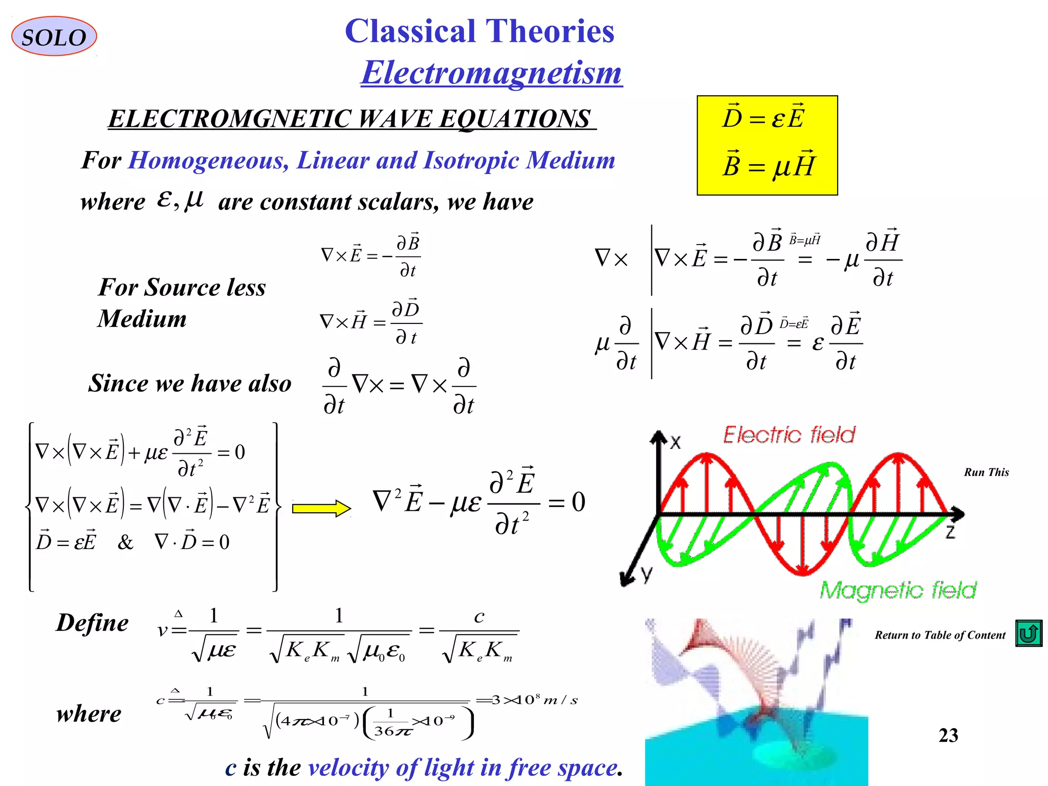 23
SOLO
ELECTROMGNETIC WAVE EQUATIONS
For Homogeneous, Linear and Isotropic Medium
ED

ε=
HB

µ=
where are constant scalars, we haveµε,
t
E
t
D
H
t
t
H
t
B
E
ED
HB
∂
∂
=
∂
∂
=×∇
∂
∂
∂
∂
−=
∂
∂
−=×∇×∇
=
=






εµ
µ
ε
µ
Since we have also
tt ∂
∂
×∇=∇×
∂
∂
( )
( ) ( )


















=⋅∇=
∇−⋅∇∇=×∇×∇
=
∂
∂
+×∇×∇
0&
0
2
2
2
DED
EEE
t
E
E




ε
µε
t
D
H
∂
∂
=×∇


t
B
E
∂
∂
−=×∇


For Source less
Medium
02
2
2
=
∂
∂
−∇
t
E
E


µε
Define
meme KK
c
KK
v ===
∆
00
11
εµµε
where ( )
smc /103
10
36
1
104
11 8
9700
×=






××
==
−−
∆
π
π
εµ
c is the velocity of light in free space.
Electromagnetism
Run This
Return to Table of Content
Classical Theories
 