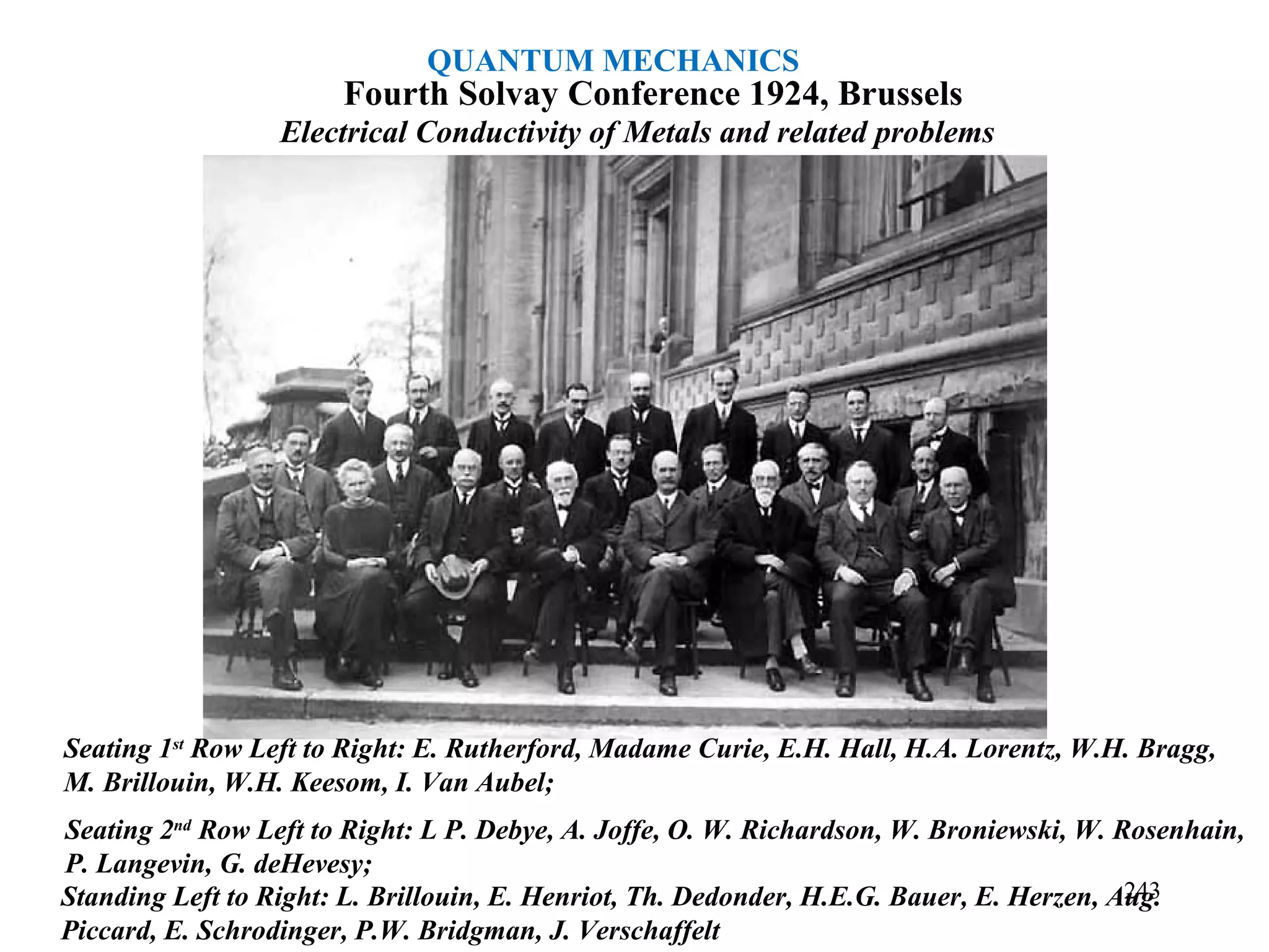 Fourth Solvay Conference 1924, Brussels
Electrical Conductivity of Metals and related problems
Seating 1st
Row Left to Right: E. Rutherford, Madame Curie, E.H. Hall, H.A. Lorentz, W.H. Bragg,
M. Brillouin, W.H. Keesom, I. Van Aubel;
Seating 2nd
Row Left to Right: L P. Debye, A. Joffe, O. W. Richardson, W. Broniewski, W. Rosenhain,
P. Langevin, G. deHevesy;
Standing Left to Right: L. Brillouin, E. Henriot, Th. Dedonder, H.E.G. Bauer, E. Herzen, Aug.
Piccard, E. Schrodinger, P.W. Bridgman, J. Verschaffelt
243
QUANTUM MECHANICS
 
