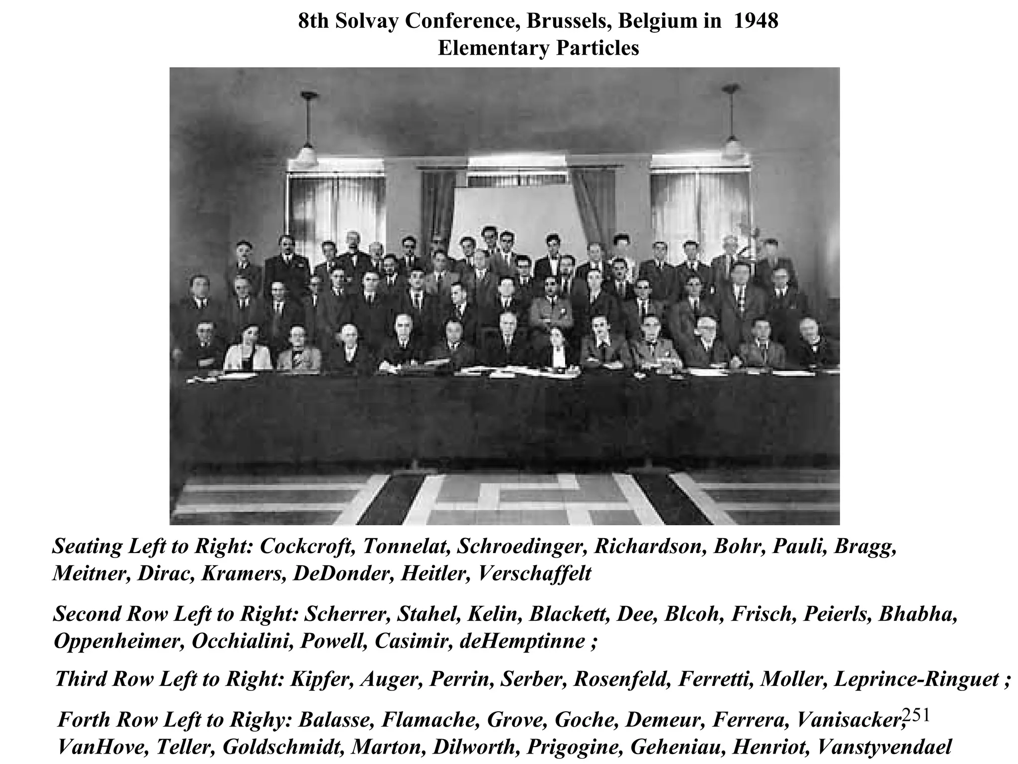 8th Solvay Conference, Brussels, Belgium in 1948
Elementary Particles
Seating Left to Right: Cockcroft, Tonnelat, Schroedinger, Richardson, Bohr, Pauli, Bragg,
Meitner, Dirac, Kramers, DeDonder, Heitler, Verschaffelt
Second Row Left to Right: Scherrer, Stahel, Kelin, Blackett, Dee, Blcoh, Frisch, Peierls, Bhabha,
Oppenheimer, Occhialini, Powell, Casimir, deHemptinne ;
Third Row Left to Right: Kipfer, Auger, Perrin, Serber, Rosenfeld, Ferretti, Moller, Leprince-Ringuet ;
Forth Row Left to Righy: Balasse, Flamache, Grove, Goche, Demeur, Ferrera, Vanisacker,
VanHove, Teller, Goldschmidt, Marton, Dilworth, Prigogine, Geheniau, Henriot, Vanstyvendael
251
 