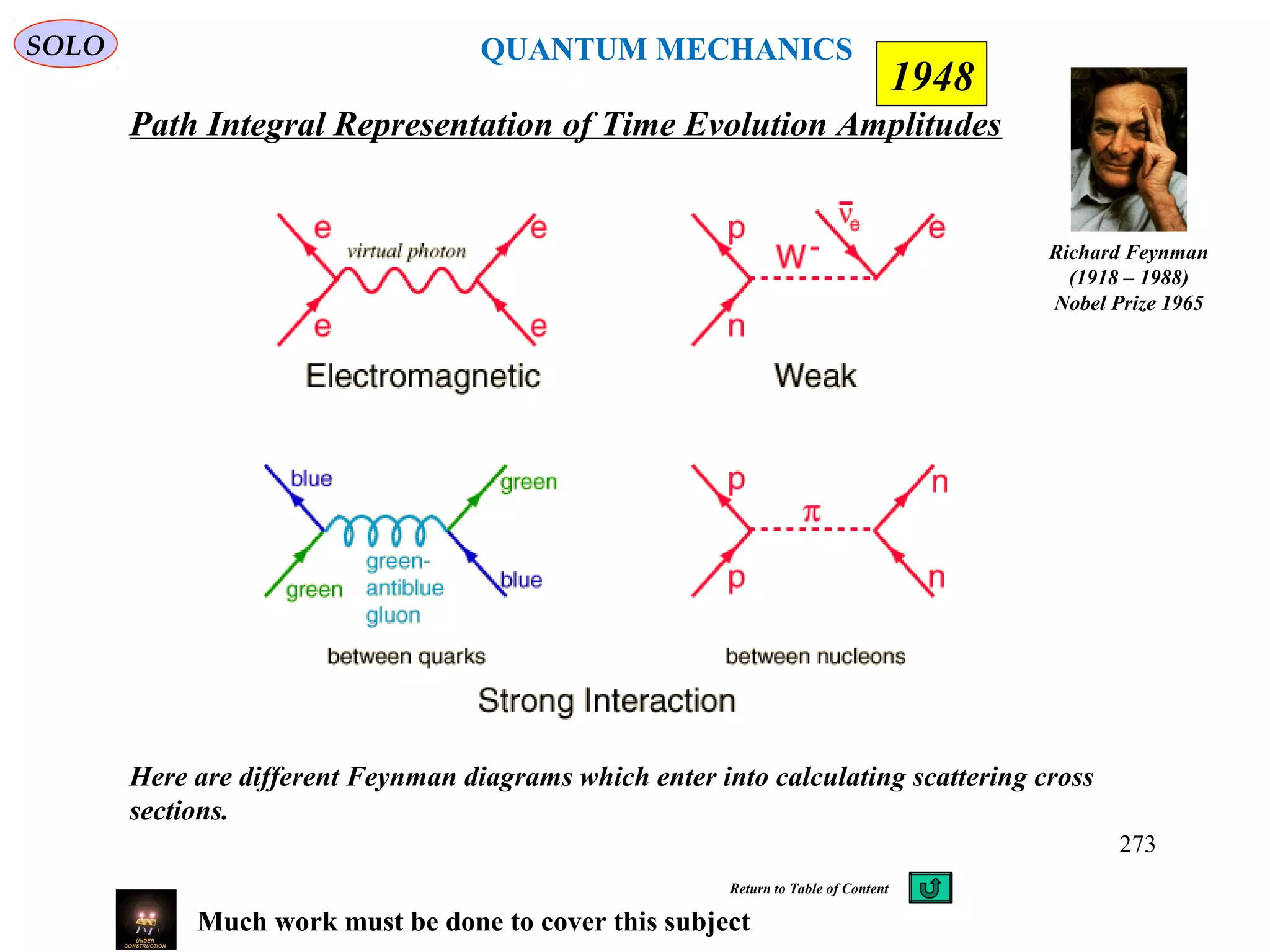 Path Integral Representation of Time Evolution Amplitudes
SOLO
Richard Feynman
(1918 – 1988)
Nobel Prize 1965
1948
QUANTUM MECHANICS
273
Return to Table of Content
Much work must be done to cover this subject
Here are different Feynman diagrams which enter into calculating scattering cross
sections.
 