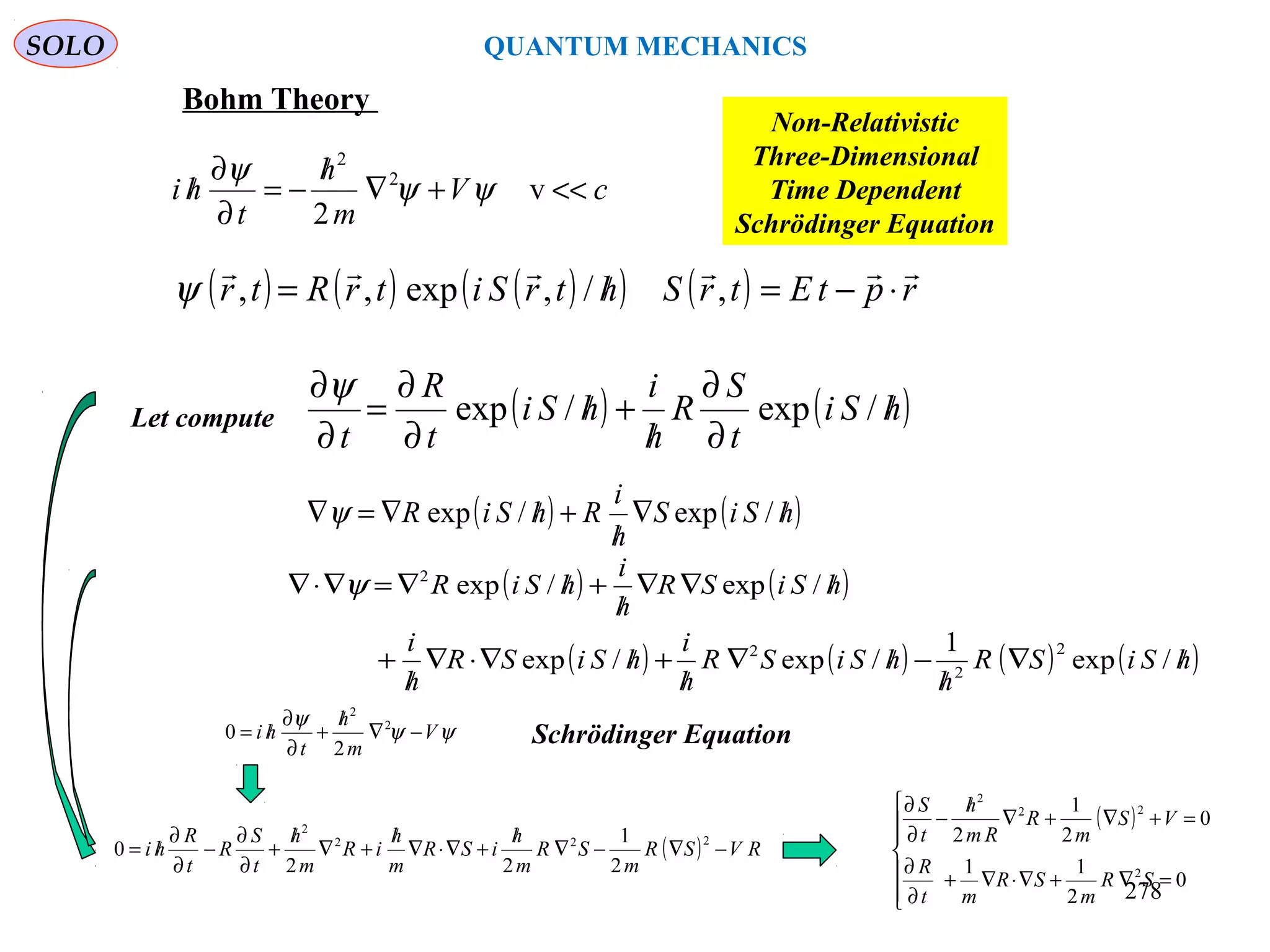 SOLO QUANTUM MECHANICS
( ) ( ) ( )( ) ( ) rptEtrShtrSitrRtr

⋅−=/= ,/,exp,,ψ
cV
m
h
t
hi <<+∇
/
−=
∂
∂
/ v
2
2
2
ψψ
ψ
Non-Relativistic
Three-Dimensional
Time Dependent
Schrödinger Equation
( ) ( )hSiS
h
i
RhSiR /∇
/
+/∇=∇ /exp/expψ
( ) ( )
( ) ( ) ( ) ( )hSiSR
h
hSiSR
h
i
hSiSR
h
i
hSiSR
h
i
hSiR
/∇
/
−/∇
/
+/∇⋅∇
/
+
/∇∇
/
+/∇=∇⋅∇
/exp
1
/exp/exp
/exp/exp
2
2
2
2
ψ
( ) RVSR
m
SR
m
h
iSR
m
h
iR
m
h
t
S
R
t
R
hi −∇−∇
/
+∇⋅∇
/
+∇
/
+
∂
∂
−
∂
∂
/=
222
2
2
1
22
0
( )







=∇+∇⋅∇+
∂
∂
=+∇+∇
/
−
∂
∂
0
2
11
0
2
1
2
2
22
2
SR
m
SR
mt
R
VS
m
R
Rm
h
t
S
( ) ( )hSi
t
S
R
h
i
hSi
t
R
t
/
∂
∂
/
+/
∂
∂
=
∂
∂
/exp/exp
ψ
Let compute
ψψ
ψ
V
m
h
t
hi −∇
/
+
∂
∂
/= 2
2
2
0 Schrödinger Equation
Bohm Theory
278
 