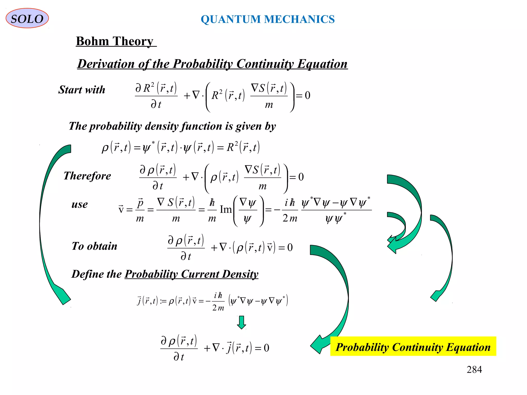 SOLO QUANTUM MECHANICS
Bohm Theory
Derivation of the Probability Continuity Equation
Start with
The probability density function is given by
( ) ( ) ( ) ( )trRtrtrtr ,,,, 2* 
=⋅= ψψρ
( ) ( ) ( ) 0
,
,
, 2
2
=




 ∇
⋅∇+
∂
∂
m
trS
trR
t
trR



Therefore
( ) ( ) ( ) 0
,
,
,
=




 ∇
⋅∇+
∂
∂
m
trS
tr
t
tr



ρ
ρ
( )
*
**
2
Im
,
v
ψψ
ψψψψ
ψ
ψ ∇−∇/
−=




 ∇/
=
∇
==
m
hi
m
h
m
trS
m
p

use
To obtain
( ) ( )( ) 0v,
,
=⋅∇+
∂
∂ 

tr
t
tr
ρ
ρ
Define the Probability Current Density
( ) ( ) ( )**
2
v,:, ψψψψρ ∇−∇
/
−==
m
hi
trtrj

( ) ( ) 0,
,
=⋅∇+
∂
∂
trj
t
tr 
ρ
Probability Continuity Equation
284
 