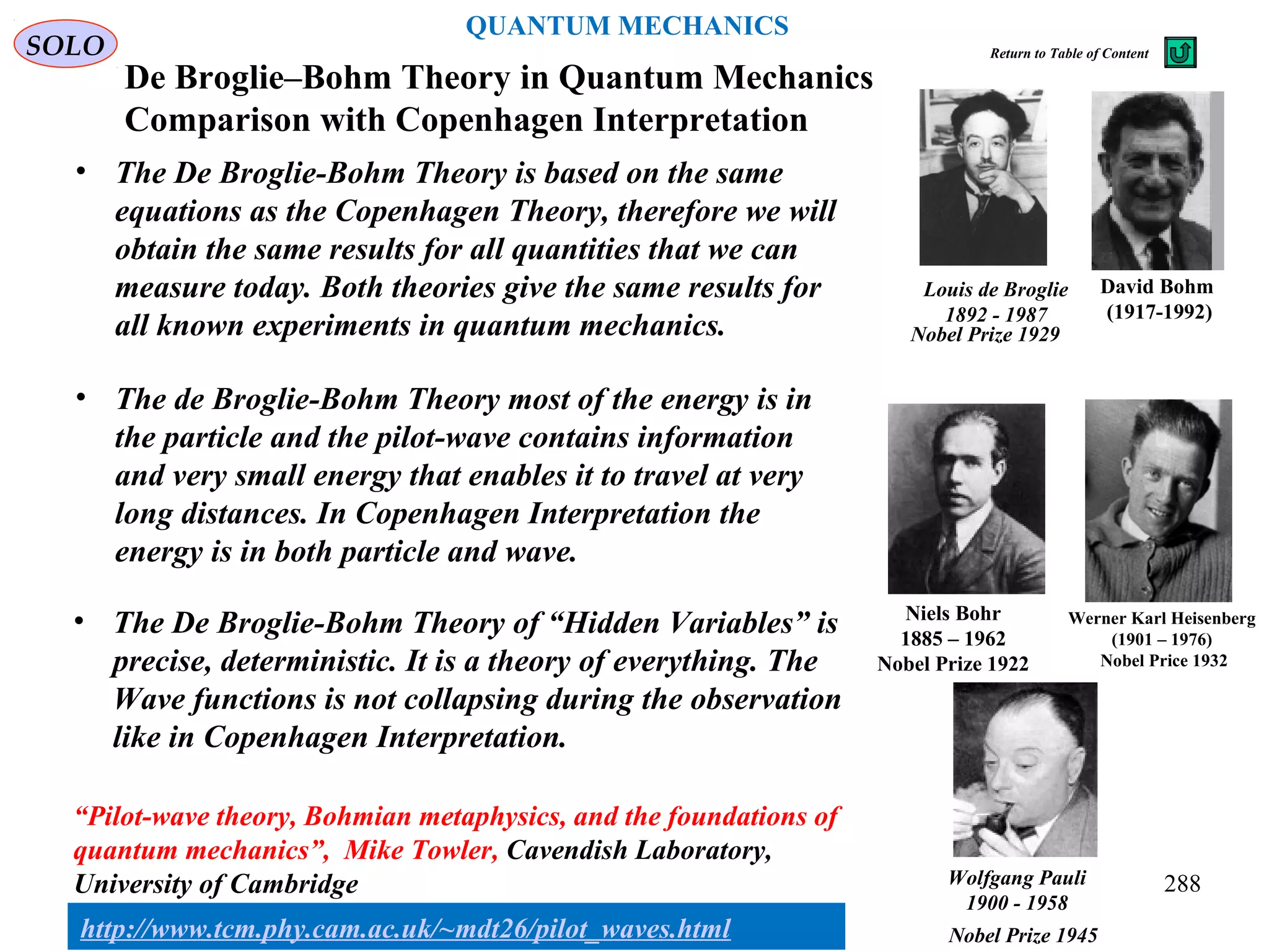 De Broglie–Bohm Theory in Quantum Mechanics
Comparison with Copenhagen Interpretation
David Bohm
(1917-1992)
• The De Broglie-Bohm Theory is based on the same
equations as the Copenhagen Theory, therefore we will
obtain the same results for all quantities that we can
measure today. Both theories give the same results for
all known experiments in quantum mechanics.
SOLO
288
Werner Karl Heisenberg
(1901 – 1976)
Nobel Price 1932
Niels Bohr
1885 – 1962
Nobel Prize 1922
Louis de Broglie
1892 - 1987
Nobel Prize 1929
Wolfgang Pauli
1900 - 1958
Nobel Prize 1945
• The de Broglie-Bohm Theory most of the energy is in
the particle and the pilot-wave contains information
and very small energy that enables it to travel at very
long distances. In Copenhagen Interpretation the
energy is in both particle and wave.
• The De Broglie-Bohm Theory of “Hidden Variables” is
precise, deterministic. It is a theory of everything. The
Wave functions is not collapsing during the observation
like in Copenhagen Interpretation.
QUANTUM MECHANICS
Return to Table of Content
“Pilot-wave theory, Bohmian metaphysics, and the foundations of
quantum mechanics”, Mike Towler, Cavendish Laboratory,
University of Cambridge
http://www.tcm.phy.cam.ac.uk/~mdt26/pilot_waves.html
 