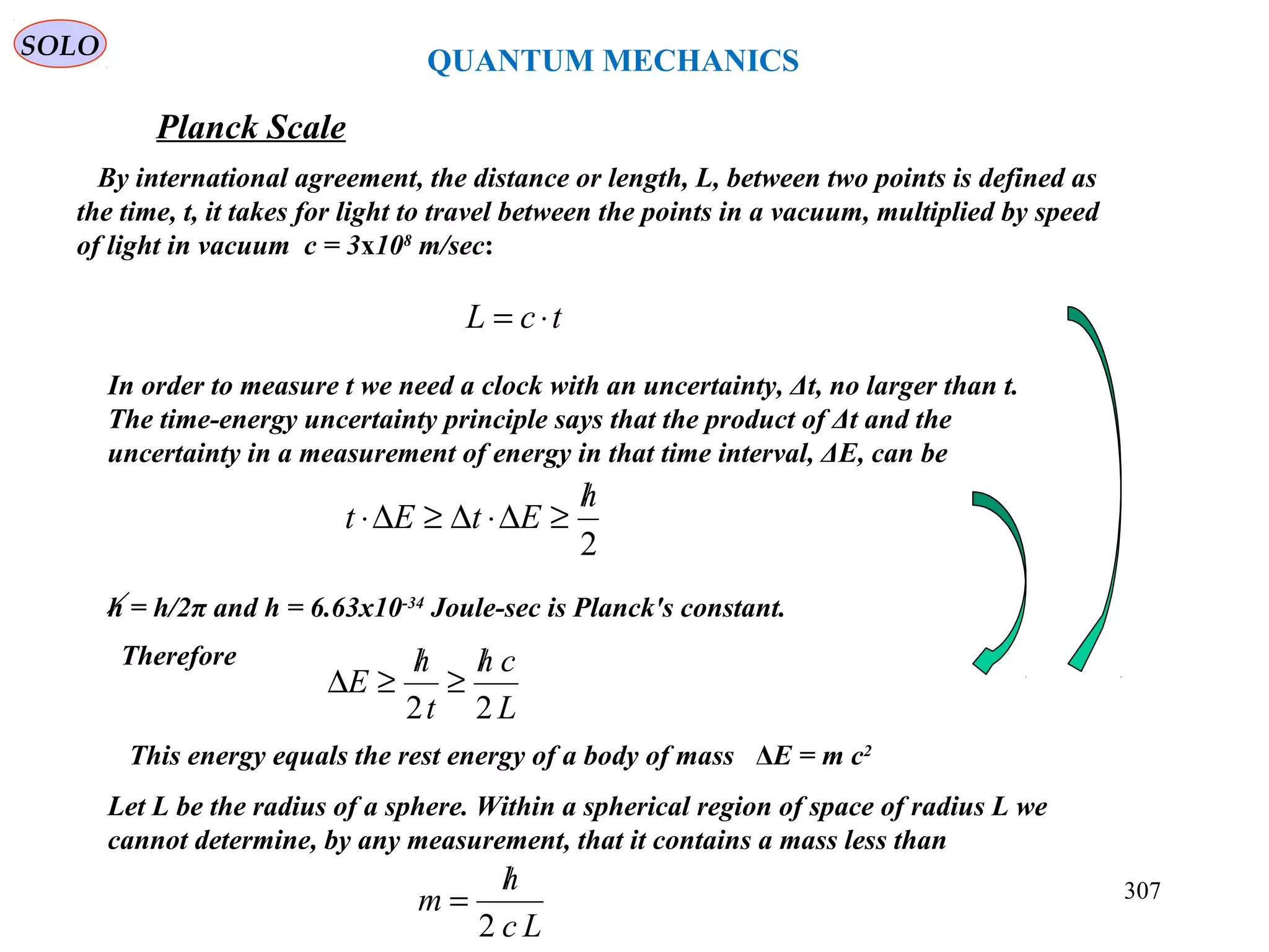 307
SOLO
Planck Scale
QUANTUM MECHANICS
tcL ⋅=
By international agreement, the distance or length, L, between two points is defined as
the time, t, it takes for light to travel between the points in a vacuum, multiplied by speed
of light in vacuum c = 3x108
m/sec:
In order to measure t we need a clock with an uncertainty, Δt, no larger than t.
The time-energy uncertainty principle says that the product of Δt and the
uncertainty in a measurement of energy in that time interval, ΔE, can be
2
h
EtEt
/
≥∆⋅∆≥∆⋅
h = h/2π and h = 6.63x10-34
Joule-sec is Planck's constant.
Therefore
L
ch
t
h
E
22
/
≥
/
≥∆
This energy equals the rest energy of a body of mass ΔE = m c2
Let L be the radius of a sphere. Within a spherical region of space of radius L we
cannot determine, by any measurement, that it contains a mass less than
Lc
h
m
2
/
=
 
