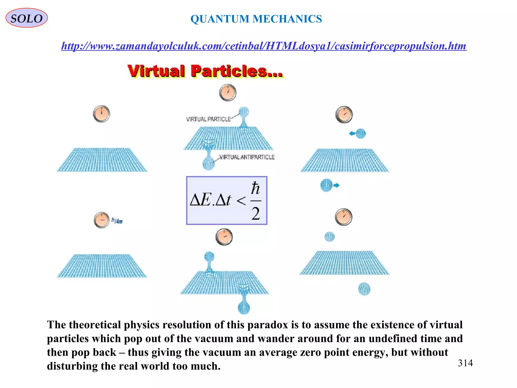 The theoretical physics resolution of this paradox is to assume the existence of virtual
particles which pop out of the vacuum and wander around for an undefined time and
then pop back – thus giving the vacuum an average zero point energy, but without
disturbing the real world too much.
http://www.zamandayolculuk.com/cetinbal/HTMLdosya1/casimirforcepropulsion.htm
SOLO
314
QUANTUM MECHANICS
 