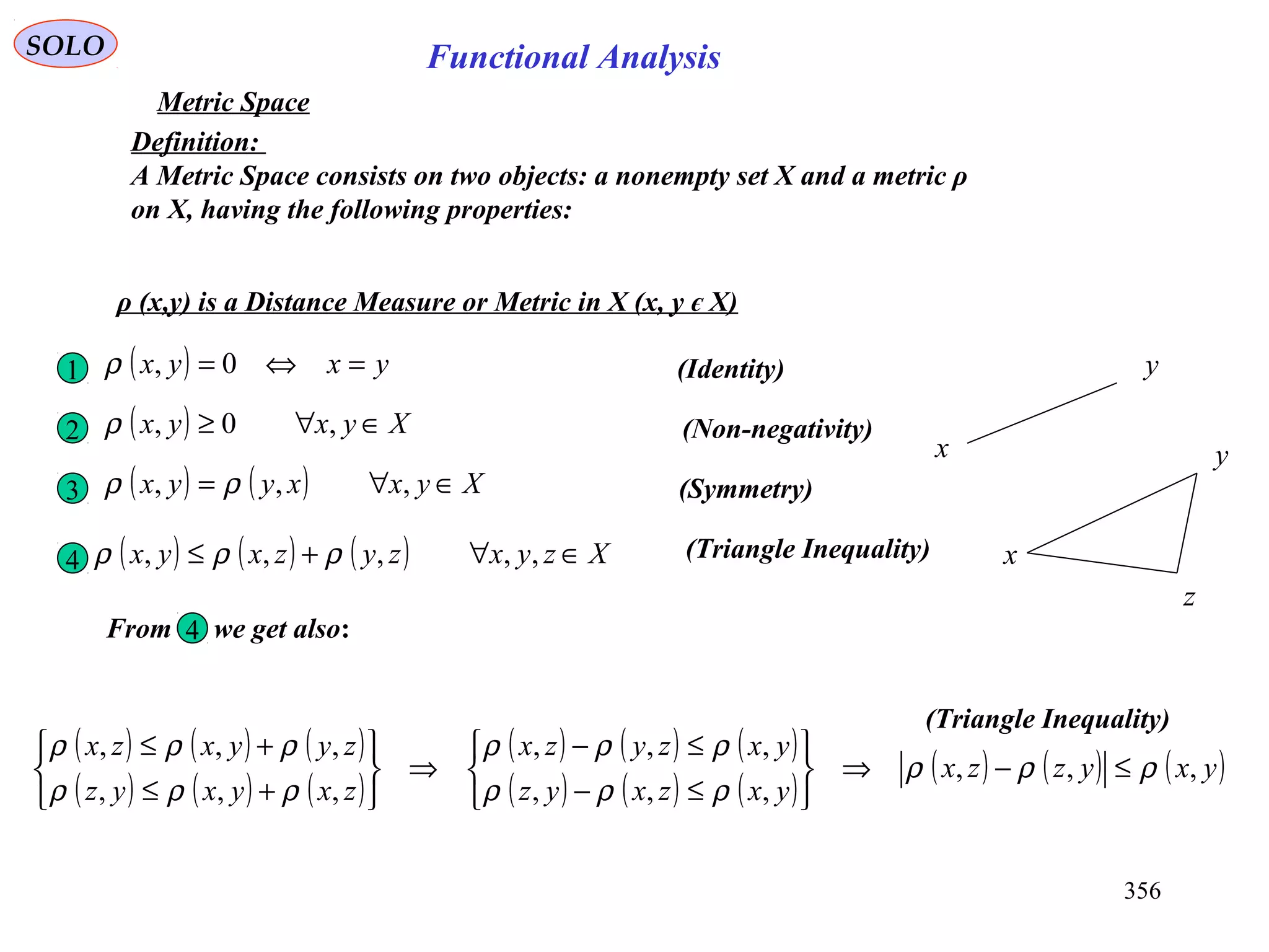 356
Functional AnalysisSOLO
ρ (x,y) is a Distance Measure or Metric in X (x, y є X)
(Identity)( ) yxyx =⇔= 0,ρ1
( ) Xyxyx ∈∀≥ ,0,ρ2 (Non-negativity)
( ) ( ) Xyxxyyx ∈∀= ,,, ρρ3 (Symmetry)
( ) ( ) ( ) Xzyxzyzxyx ∈∀+≤ ,,,,, ρρρ4 (Triangle Inequality)
y
x
x
y
z
From we get also:4
( ) ( ) ( )
( ) ( ) ( )
( ) ( ) ( )
( ) ( ) ( )
( ) ( ) ( )yxyzzx
yxzxyz
yxzyzx
zxyxyz
zyyxzx
,,,
,,,
,,,
,,,
,,,
ρρρ
ρρρ
ρρρ
ρρρ
ρρρ
≤−⇒






≤−
≤−
⇒






+≤
+≤
(Triangle Inequality)
Definition:
A Metric Space consists on two objects: a nonempty set X and a metric ρ
on X, having the following properties:
Metric Space
 