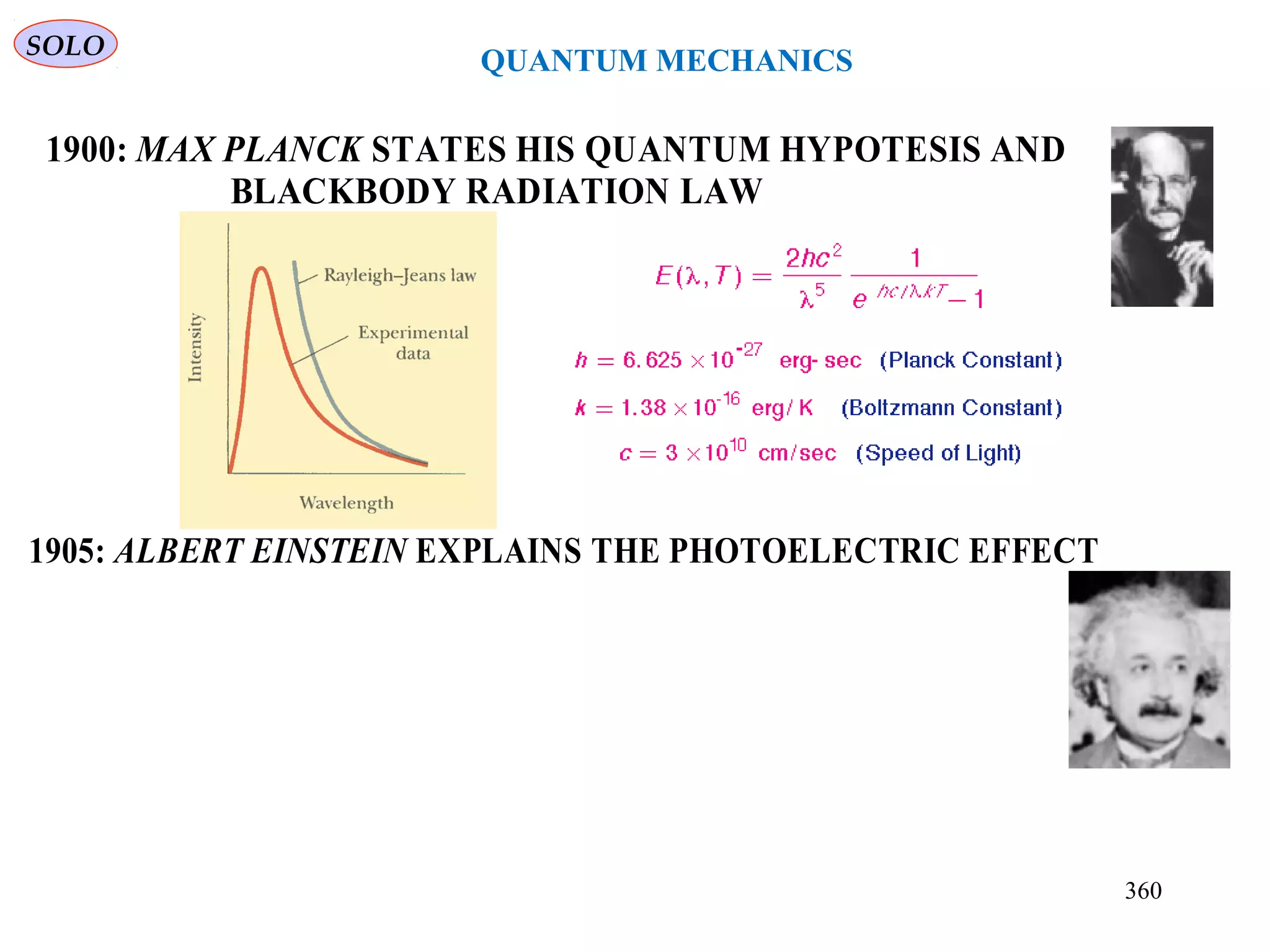 QUANTUM MECHANICS
1900: MAX PLANCK STATES HIS QUANTUM HYPOTESIS AND
BLACKBODY RADIATION LAW
1905: ALBERT EINSTEIN EXPLAINS THE PHOTOELECTRIC EFFECT
SOLO
360
 