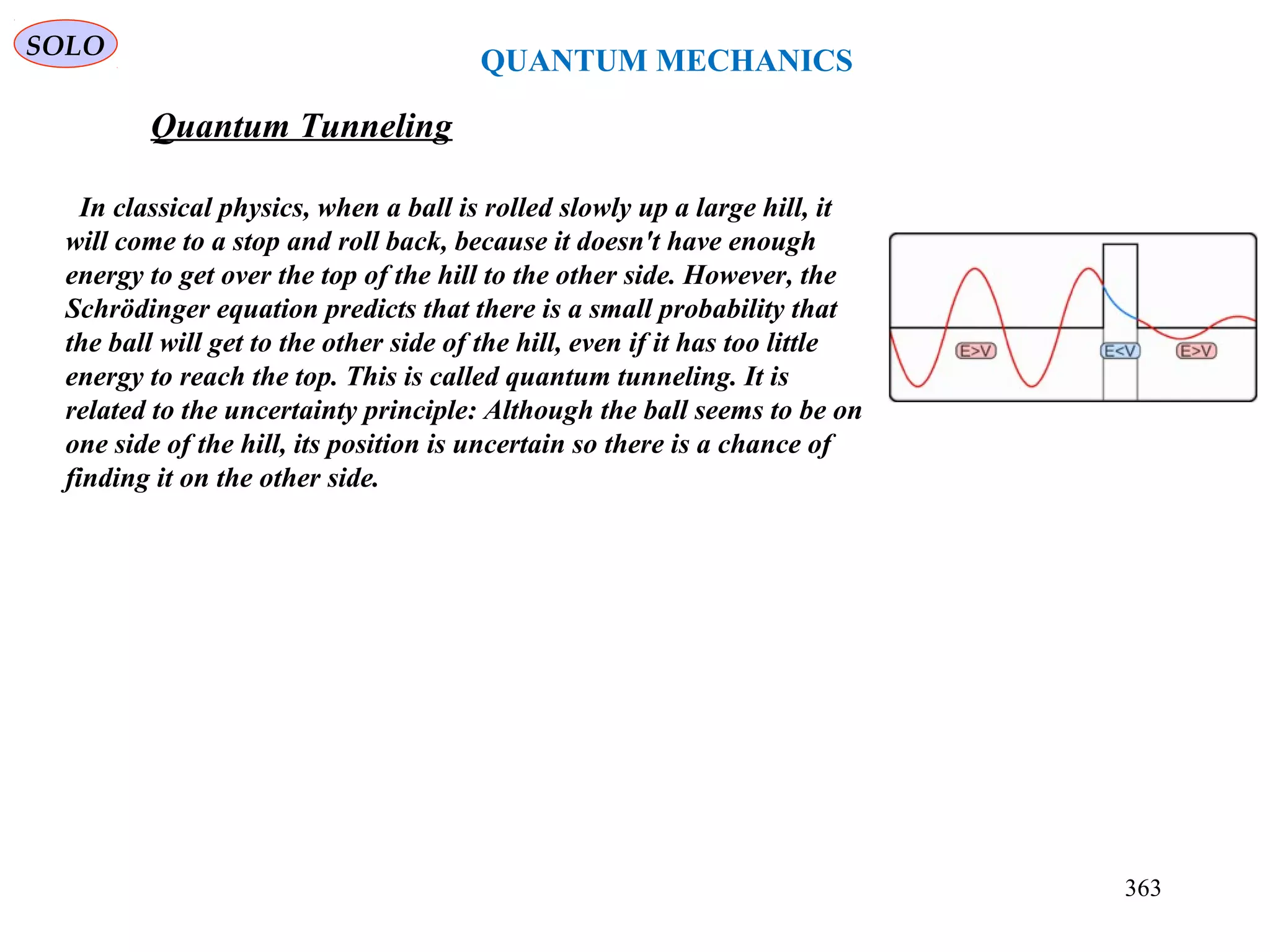 SOLO
QUANTUM MECHANICS
Quantum Tunneling
In classical physics, when a ball is rolled slowly up a large hill, it
will come to a stop and roll back, because it doesn't have enough
energy to get over the top of the hill to the other side. However, the
Schrödinger equation predicts that there is a small probability that
the ball will get to the other side of the hill, even if it has too little
energy to reach the top. This is called quantum tunneling. It is
related to the uncertainty principle: Although the ball seems to be on
one side of the hill, its position is uncertain so there is a chance of
finding it on the other side.
363
 