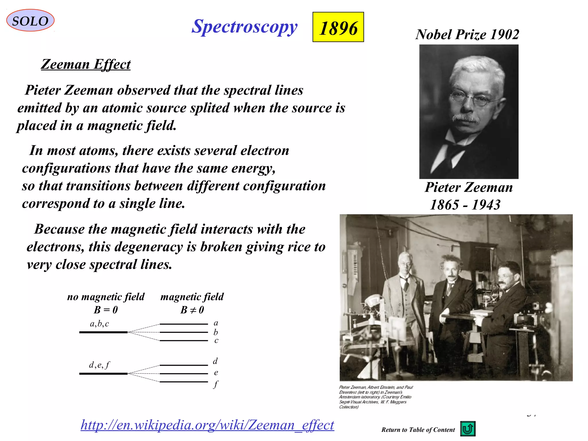 37
SpectroscopySOLO
Zeeman Effect
Pieter Zeeman observed that the spectral lines
emitted by an atomic source splited when the source is
placed in a magnetic field.
In most atoms, there exists several electron
configurations that have the same energy,
so that transitions between different configuration
correspond to a single line.
1896
Because the magnetic field interacts with the
electrons, this degeneracy is broken giving rice to
very close spectral lines.
no magnetic field
B = 0
cba ,,
fed ,,
a
b
c
d
e
f
magnetic field
B 0≠
http://en.wikipedia.org/wiki/Zeeman_effect
Pieter Zeeman
1865 - 1943
Nobel Prize 1902
Return to Table of Content
 