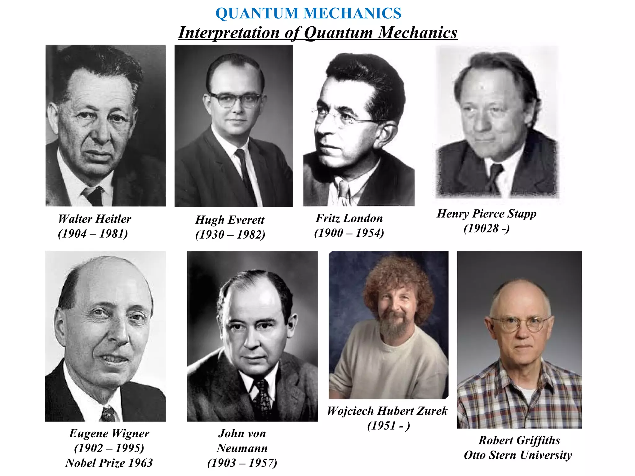 375
Walter Heitler
(1904 – 1981)
Hugh Everett
(1930 – 1982)
Fritz London
(1900 – 1954)
Henry Pierce Stapp
(19028 -)
Eugene Wigner
(1902 – 1995)
Nobel Prize 1963
John von
Neumann
(1903 – 1957)
Wojciech Hubert Zurek
(1951 - )
Interpretation of Quantum Mechanics
Robert Griffiths
Otto Stern University
QUANTUM MECHANICS
 