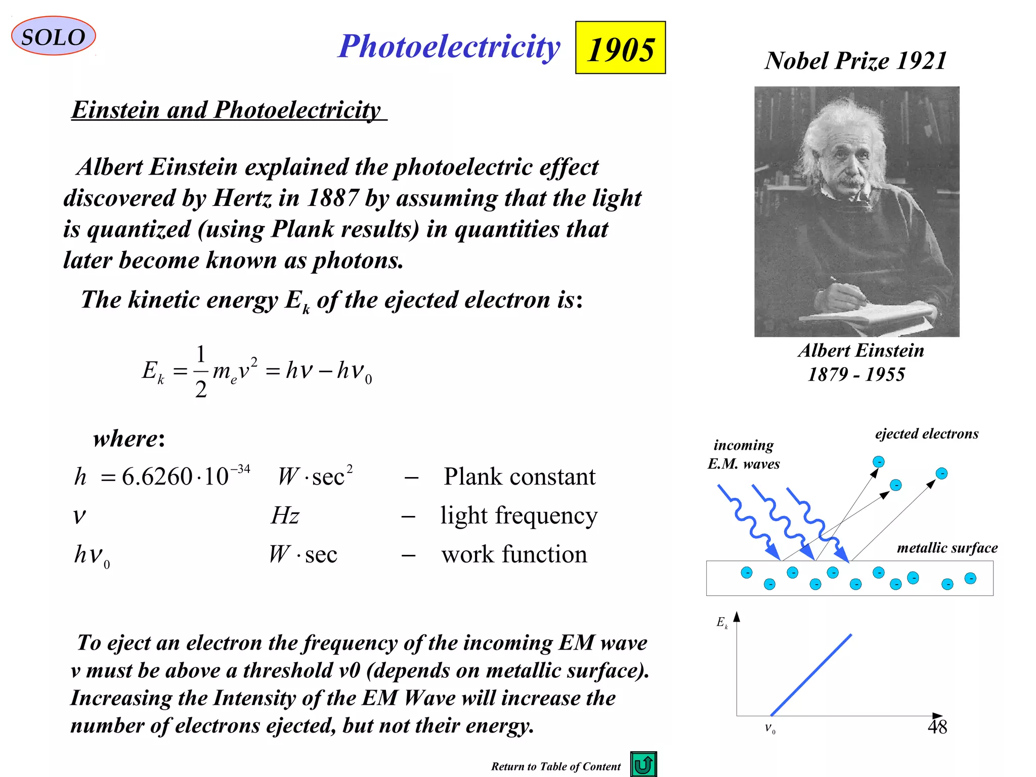 48
PhotoelectricitySOLO
Einstein and Photoelectricity
Albert Einstein explained the photoelectric effect
discovered by Hertz in 1887 by assuming that the light
is quantized (using Plank results) in quantities that
later become known as photons.
1905
-
-
-
-
-
-
-
-
--
-
-
-
-
metallic surface
ejected electrons
incoming
E.M. waves
k
E
0
ν ν
0
2
2
1
νν hhvmE ek −==
The kinetic energy Ek of the ejected electron is:
where:
functionworksec
frequencylight
constantPlanksec106260.6
0
234
−⋅
−
−⋅⋅= −
Wh
Hz
Wh
ν
ν
Albert Einstein
1879 - 1955
Nobel Prize 1921
To eject an electron the frequency of the incoming EM wave
v must be above a threshold v0 (depends on metallic surface).
Increasing the Intensity of the EM Wave will increase the
number of electrons ejected, but not their energy.
Return to Table of Content
 