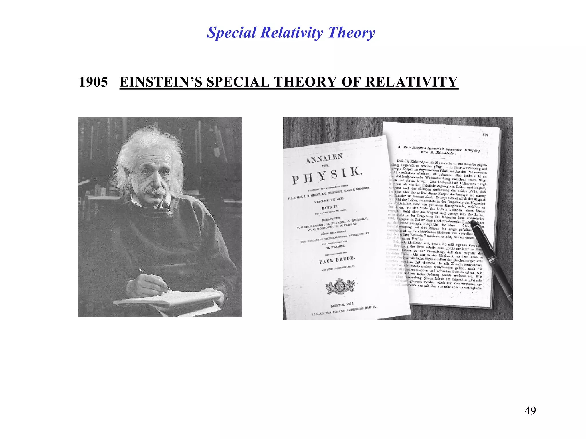 1905 EINSTEIN’S SPECIAL THEORY OF RELATIVITY
Special Relativity Theory
49
 