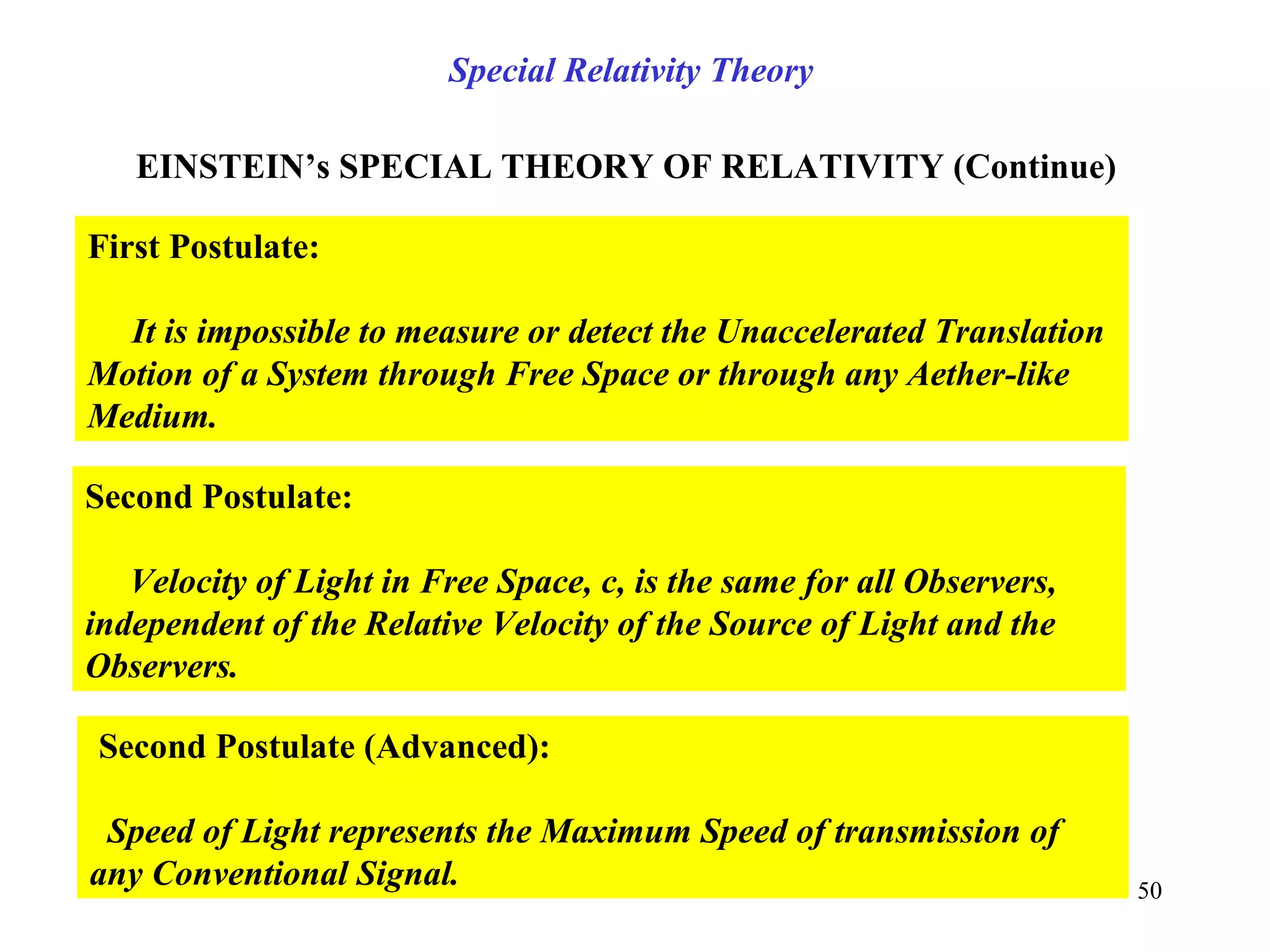 EINSTEIN’s SPECIAL THEORY OF RELATIVITY (Continue)
First Postulate:
It is impossible to measure or detect the Unaccelerated Translation
Motion of a System through Free Space or through any Aether-like
Medium.
Second Postulate:
Velocity of Light in Free Space, c, is the same for all Observers,
independent of the Relative Velocity of the Source of Light and the
Observers.
Second Postulate (Advanced):
Speed of Light represents the Maximum Speed of transmission of
any Conventional Signal.
Special Relativity Theory
50
 