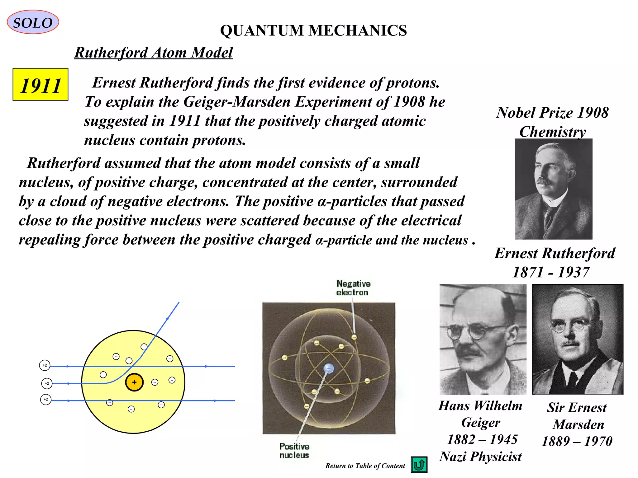 56
SOLO
Rutherford Atom Model
1911 Ernest Rutherford finds the first evidence of protons.
To explain the Geiger-Marsden Experiment of 1908 he
suggested in 1911 that the positively charged atomic
nucleus contain protons.
Ernest Rutherford
1871 - 1937
Nobel Prize 1908
Chemistry
Hans Wilhelm
Geiger
1882 – 1945
Nazi Physicist
Sir Ernest
Marsden
1889 – 1970
--
--
--
--
--
--
--
--
--
--
+2
+2
+2
Rutherford assumed that the atom model consists of a small
nucleus, of positive charge, concentrated at the center, surrounded
by a cloud of negative electrons. The positive α-particles that passed
close to the positive nucleus were scattered because of the electrical
repealing force between the positive charged α-particle and the nucleus .
QUANTUM MECHANICS
Return to Table of Content
 