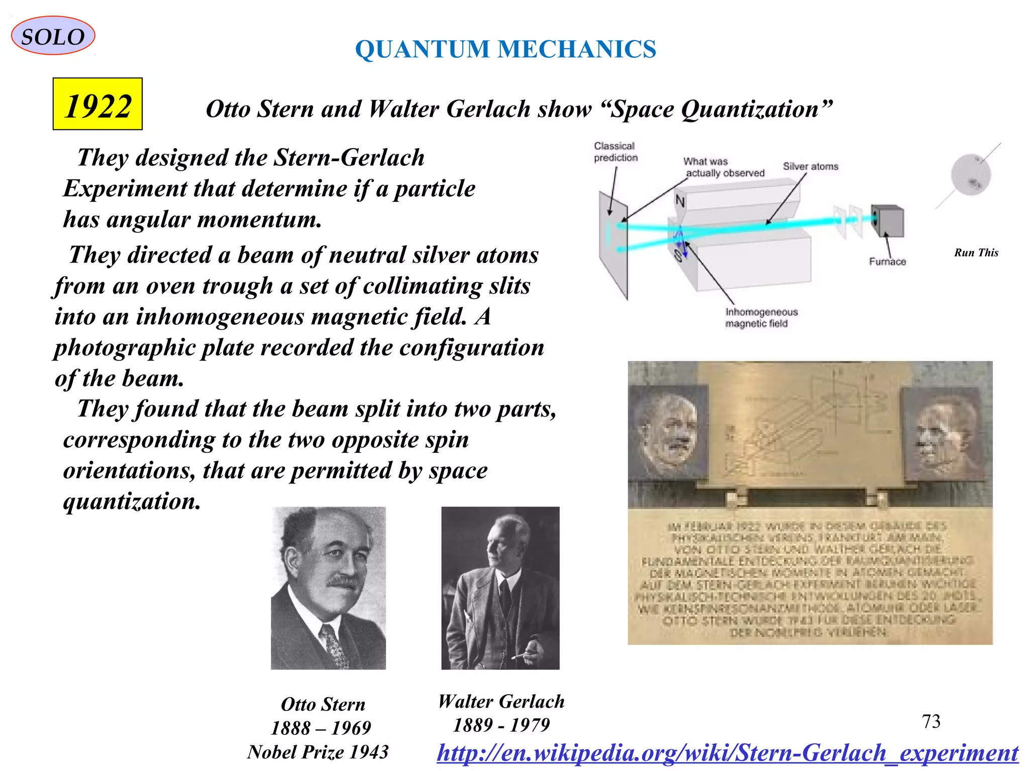 73
SOLO
1922 Otto Stern and Walter Gerlach show “Space Quantization”
Walter Gerlach
1889 - 1979
They designed the Stern-Gerlach
Experiment that determine if a particle
has angular momentum.
http://en.wikipedia.org/wiki/Stern-Gerlach_experiment
Otto Stern
1888 – 1969
Nobel Prize 1943
They directed a beam of neutral silver atoms
from an oven trough a set of collimating slits
into an inhomogeneous magnetic field. A
photographic plate recorded the configuration
of the beam.
They found that the beam split into two parts,
corresponding to the two opposite spin
orientations, that are permitted by space
quantization.
Run This
QUANTUM MECHANICS
 
