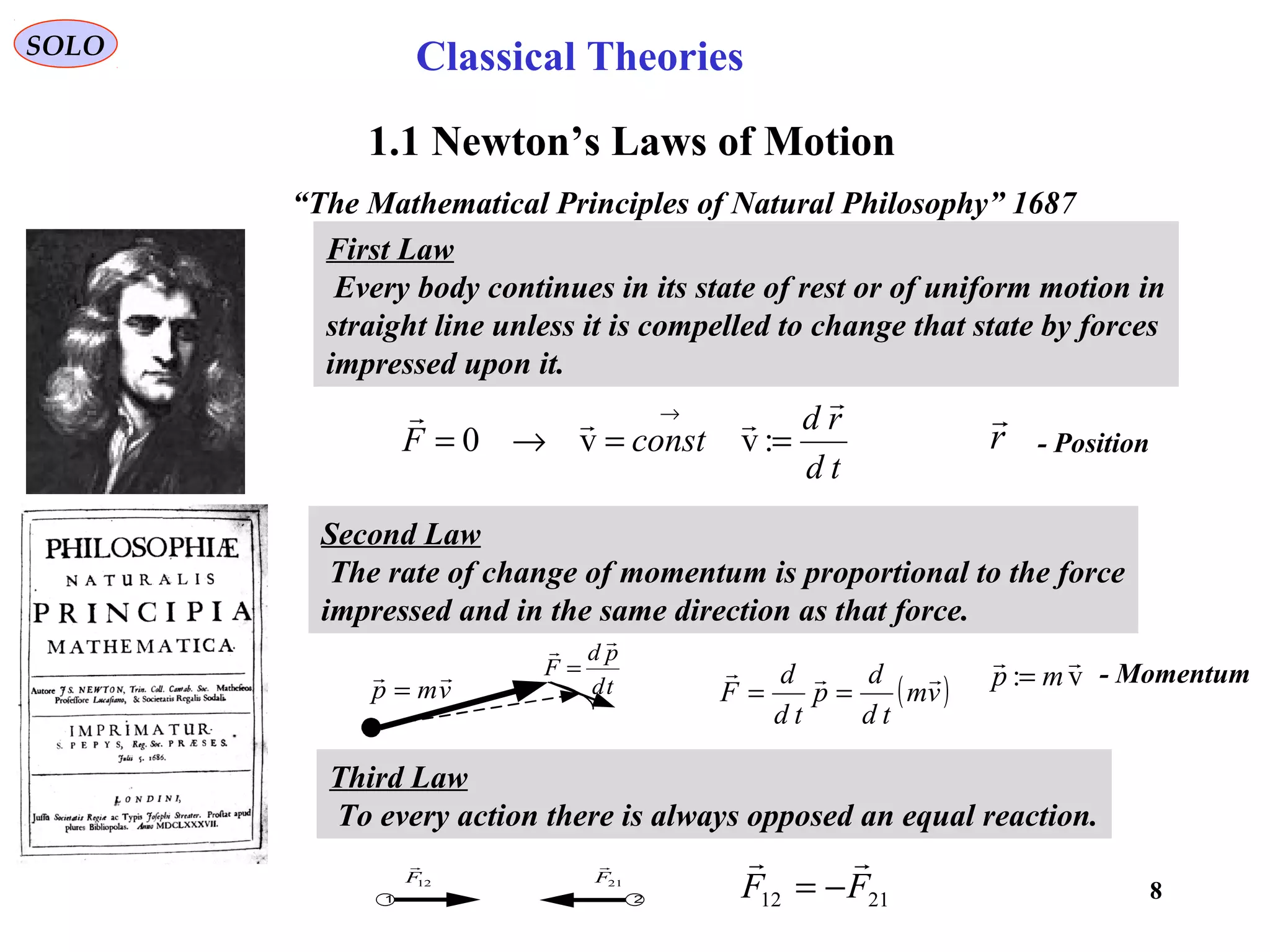 8
Classical TheoriesSOLO
1.1 Newton’s Laws of Motion
“The Mathematical Principles of Natural Philosophy” 1687
First Law
Every body continues in its state of rest or of uniform motion in
straight line unless it is compelled to change that state by forces
impressed upon it.
Second Law
The rate of change of momentum is proportional to the force
impressed and in the same direction as that force.
Third Law
To every action there is always opposed an equal reaction.
td
rd
constF


==→=
→
:vv0
( )vm
td
d
p
td
d
F

==
2112 FF

−=
vmp

= td
pd
F

=
12F

1 2
21F

r

- Position
v:

mp = - Momentum
 