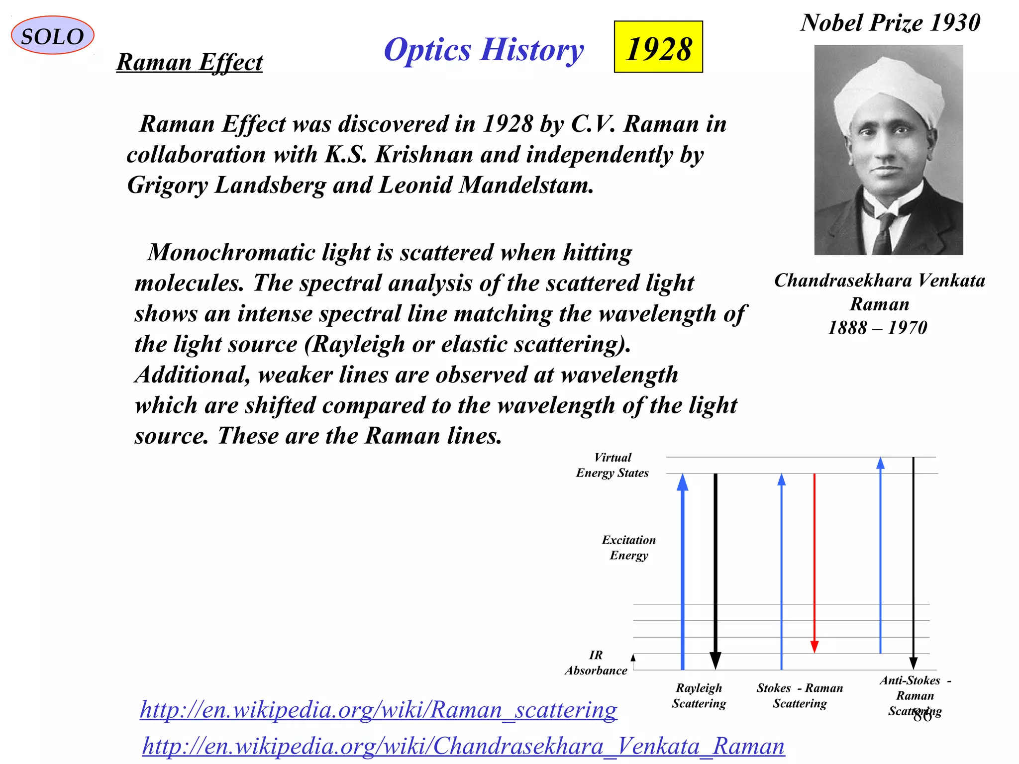 86
SOLO
Optics HistoryRaman Effect 1928
http://en.wikipedia.org/wiki/Raman_scattering
http://en.wikipedia.org/wiki/Chandrasekhara_Venkata_Raman
Nobel Prize 1930
Chandrasekhara Venkata
Raman
1888 – 1970
Raman Effect was discovered in 1928 by C.V. Raman in
collaboration with K.S. Krishnan and independently by
Grigory Landsberg and Leonid Mandelstam.
Monochromatic light is scattered when hitting
molecules. The spectral analysis of the scattered light
shows an intense spectral line matching the wavelength of
the light source (Rayleigh or elastic scattering).
Additional, weaker lines are observed at wavelength
which are shifted compared to the wavelength of the light
source. These are the Raman lines.
Virtual
Energy States
IR
Absorbance
Excitation
Energy
Rayleigh
Scattering
Stokes - Raman
Scattering
Anti-Stokes -
Raman
Scattering
 