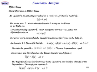 Functional AnalysisSOLO
Hilbert Space
Linear Operators in Hilbert Space
An Operator L in Hilbert Space acting on a Vector |ψ›, produces a Vector |η›.
ψη L

=
L

ψη =
The arrow over L means that the Operator is acting on the Vector on the Left, ‹ψ|.
An Operator L is Linear if it Satisfies ( ) CLLL ∈+=+ βαηβψαηβψα ,

Consider the quantities . They are in general not equal.( ) ( ) ψηψη || LandL

Eigenvalues and Eigenfunction of a Linear Operator are defined by
CL ∈= λψλψ

The Eigenfunction |ψ› is transformed by the Operator L into multiple of itself, by the
Eigenvalue λ. The conjugate equation is
( ) CLL ∈== λψλψψ ** 
The corresponding Operator which transforms the “bra” ‹ψ| , called the
Adjoint Operator, is
L

The arrow over means that the Operator is acting on the Vector
on the Right, |ψ›.
L

116
 