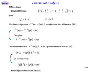 Functional AnalysisSOLO
Hilbert Space
ILLLLILLLL ==== −−−− 1111
&

Inverse Operator
Given
ψη L

= L

ψη =
The Inverse Operator on is the Operator that will return .ψL

ψ1−
L

ψψη == −−
LLL
 11
Therefore
ηψη ==−
LLL
 1
The Inverse Operator on is the Operator that will return .L

ψ ψ1−
L

ψψη == −− 11
LLL

In the same way
ηψη ==−
LLL
 1
Not all Operators have an Inverse.
118
 