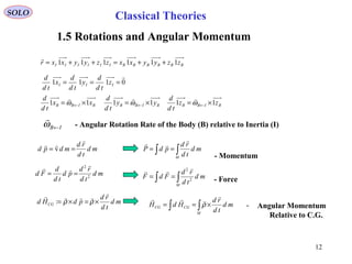 SOLO
1.5 Rotations and Angular Momentum
Classical Theories
md
td
rd
mdpd


== v
md
td
rd
pd
td
d
Fd 2
2 

==
md
td
rd
pdHd CG


×=×= ρρ:
∫∫ ==
M
md
td
rd
pdP


∫∫ ==
M
md
td
rd
FdF 2
2 
- Angular Rotation Rate of the Body (B) relative to Inertia (I)
- Force
∫∫ ×==
M
CGCG md
td
rd
HdH


ρ - Angular Momentum
Relative to C.G.
BBBBBBIIIIII zzyyxxzzyyxxr 111111 ++=++=

BIBBBIBBBIBB
III
zz
td
d
yy
td
d
xx
td
d
z
td
d
y
td
d
x
td
d
111111
0111
×=×=×=
===
←←← ωωω


IB←ω

- Momentum
12
 