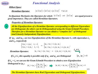 Functional AnalysisSOLO
Hilbert Space
( ) ( ) ( ) ηψηψψηψη ,|||
*
∀== LLL

Hermitian Operator
In Quantum Mechanics the Operators for which are equal present a
great importance. They are called Hermitian Operators.
( ) ( ) ψηψη || LandL

Properties of Hermitian Operators
4 All the Eigenfunctions of a Hermitian Operator corresponding to different Eigenvalues
are Orthogonal, the others can be Orthogonalized using the Gram-Schmidt Procedure.
Therefore for a Hermitian Operator we can obtain a “complete Set” of Orthogonal
(and Linearly Independent) Eigenfunctions




==
=
⇒




==
==
**
*
|||
||
nmmmnmmn
nmnnm
mmmmm
nnnnn
L
L
L
L
ψψλψψλψψ
ψψλψψ
λλψλψ
λλψλψ
If |ψn› and |ψm› are two Eigenfunctions of the Hermitian Operator L, with eigenvalues λn
and λm, respectively
Hermitian Operator: nmmnmnmnnm LL ψψλψψλψψψψ |||| =⇒=
If λm ≠ λn this equality is possible only if ψn and ψm are Orthogonal 0| =nm ψψ
If λm = λn we can use the Gram-Schmidt Procedure to obtain a new Eigenfunction
Orthogonal to |ψn›.
n
nn
mn
mm ψ
ψψ
ψψ
ψψ 







−=
|
|
:~ 0|
|
|
|~| =







−= nn
nn
mn
mnmn ψψ
ψψ
ψψ
ψψψψ
The Hermitian Operators have Real Eigenvalues and Orthogonal Eigenfunctions.
λm ≠ λn
121
 
