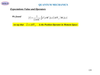 QUANTUM MECHANICS
SOLO
We found
we say that is the Position Operator in Moment Spacephix ∇/=:ˆ
Expectations Value and Operators
( )
( )( ) ( )∫ Φ∇/Φ
/
= tphitppd
h
r p ,,
2
1 *3
3

π
139
 