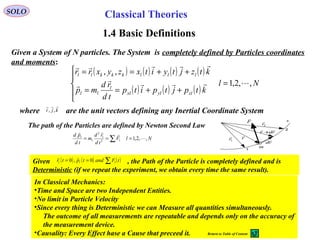 14
SOLO
1.4 Basic Definitions
Given a System of N particles. The System is completely defined by Particles coordinates
and moments:
( ) ( ) ( ) ( )
( ) ( ) ( )
Nl
ktpjtpitp
td
rd
mp
ktzjtyitxzyxrr
zlylxl
l
ll
lllkkkll
,,2,1
,,



=





++==
++==
where are the unit vectors defining any Inertial Coordinate Systemkji

,,
r

1r

2r

rd

rdr

+
1
2
F

m
s
The path of the Particles are defined by Newton Second Law
NlF
td
rd
m
td
pd
l
l
l
l
,,2,12
2


=== ∑
Given , the Path of the Particle is completely defined and is
Deterministic (if we repeat the experiment, we obtain every time the same result).
( ) ( ) ( )tFandtptr lll ∑== 0,0

In Classical Mechanics:
•Time and Space are two Independent Entities.
•No limit in Particle Velocity
•Since every thing is Deterministic we can Measure all quantities simultaneously.
The outcome of all measurements are repeatable and depends only on the accuracy of
the measurement device.
•Causality: Every Effect hase a Cause that preceed it.
Classical Theories
Return to Table of Content
 
