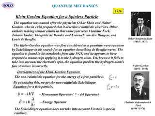 Klein-Gordon Equation for a Spinless Particle
SOLO
184
The equation was named after the physicists Oskar Klein and Walter
Gordon, who in 1926 proposed that it describes relativistic electrons. Other
authors making similar claims in that same year were Vladimir Fock,
Johann Kudar, Théophile de Donder and Frans-H. van den Dungen, and
Louis de Broglie. Oskar Benjamin Klein
(1894 –1977)
Walter Gordon
(1893 –1939)
Vladimir Aleksandrovich
Fock
(1898 –1974)
1926
The Klein–Gordon equation was first considered as a quantum wave equation
by Schrödinger in his search for an equation describing de Broglie waves. The
equation is found in his notebooks from late 1925, and he appears to have
prepared a manuscript applying it to the hydrogen atom. Yet, because it fails to
take into account the electron's spin, the equation predicts the hydrogen atom's
fine structure incorrectly.
Development of the Klein–Gordon Equation
The non-relativistic equation for the energy of a free particle is E
m
p
=
2
2
By quantizing this, we get the non-relativistic Schrödinger
Equation for a free particle, ψψ E
m
p ˆ
2
ˆ2
=
∇/−= hipˆ - Momentum Operator ( - del Operator)∇
- Energy Operator
t
hiE
∂
∂
/=ˆ
The Schrödinger equation does not take into account Einstein's special
relativity.
QUANTUM MECHANICS
 