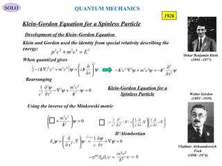 Klein-Gordon Equation for a Spinless Particle
SOLO
185
Oskar Benjamin Klein
(1894 –1977)
Walter Gordon
(1893 –1939)
Vladimir Aleksandrovich
Fock
(1898 –1974)
1926
Development of the Klein–Gordon Equation
24222
Ecmcp =+
Klein and Gordon used the identity from special relativity describing the
energy:
( )( ) ψψ
2
4222






∂
∂
/=+∇/−
t
hicmchi
When quantized gives
ψψψ 2
2
242222
t
hcmch
∂
∂
/−=+∇/−
Rearranging
0
1
2
22
2
2
2
2
=
/
+∇−
∂
∂
ψψ
ψ
h
cm
tc
Klein-Gordon Equation for a
Spinless Particle
Using the inverse of the Minkowski metric
02
22
=





/
+ ψ
h
cm
0
1
,
0
0
=∇+
∂
∂
=





∇
∂
∂
=∂
=
ψ
ψ
ψψα
tcx
tcx






−∇
∂
∂






∇
∂
∂
=∇−
∂
∂
= ,
1
,
11
: 2
2
2
2
tctctc
D’Alembertian
QUANTUM MECHANICS
 