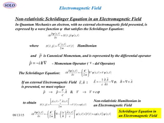 08/13/15 187
SOLO
Non-relativistic Schrödinger Equation in an Electromagnetic Field
Electromagnetic Field
In Quantum Mechanics an electron, with no external electromagnetic field presented, is
expressed by a wave function ψ that satisfies the Schrödinger Equation:
( ) ( ) ( )rtprH
t
rt
hi


,,
,
ψ
ψ
=
∂
∂
/
( ) ( ) ( )rV
m
rtp
prH



+=
2
,
:,
2
where Hamiltonian
and is Canonical Momentum, and is represented by the differential operatorp

∇/−= hipˆ - Momentum Operator ( - del Operator)∇
The Schrödinger Equation:
( ) ( ) ( )rtVrt
m
h
t
rt
hi


,,
2
, 2
2
ψψ
ψ
+∇




 /
−=
∂
∂
/
AB
t
A
c
E



×∇=∇−
∂
∂
−= ,
1
ϕIf an external Electromagnetic Field :
is presented, we must replace
BE

,
ϕeVVA
c
e
pp +→−→ &

( ) ( ) ( ) ( ) ( )[ ] ( )rtrterVrt
c
rtA
h
ei
m
h
t
rt
hi


,,,
,
2
,
2
2
ψϕψ
ψ
++











/
−∇




 /
−=
∂
∂
/
Schrödinger Equation in
an Electromagnetic Field
( )
( ) ( )
( ) ( )rterV
m
rtA
c
e
rtp
prH



,
2
,,
:,
2
ϕ++




−
=
to obtain Non-relativistic Hamiltonian in
an Electromagnetic Field
 