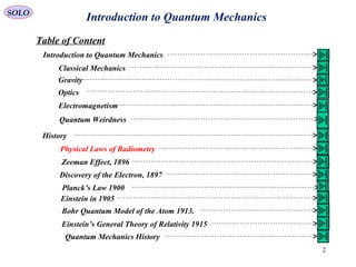 Introduction to Quantum MechanicsSOLO
Table of Content
2
Introduction to Quantum Mechanics
Classical Mechanics
Gravity
Optics
Electromagnetism
Quantum Weirdness
History
Physical Laws of Radiometry
Zeeman Effect, 1896
Discovery of the Electron, 1897
Planck’s Law 1900
Einstein in 1905
Bohr Quantum Model of the Atom 1913.
Einstein’s General Theory of Relativity 1915
Quantum Mechanics History
 