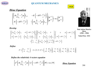 200
( )
( )
( )
( ) 







=



























−
∂
∂
/−





−∇/−⋅






−∇/−⋅−





−
∂
∂
/
B
A
B
A
cm
I
c
e
x
hiA
c
e
hi
A
c
e
hiI
c
e
x
hi
ψ
ψ
ψ
ψ
ϕσ
σϕ
2x2
0
2x2
0


Dirac Equation
SOLO
1928
Define
( )














−







−





−
=





−
==





−
=
0
0
,
0
0
,
0
0
:
0
0
:,,:,
0
0
: 321
2x2
2x20
z
z
y
y
x
x
I
I
σ
σ
σ
σ
σ
σ
σ
σ
γγγγγ 


Define the relativistic 4 vectors equation
Ψ=Ψ











−∇/−⋅−





−
∂
∂
/ cmA
c
e
hi
c
e
x
hi

γϕγ
0
0
Dirac Equation






−∇/−⋅





−
−





−
∂
∂
/





−
=
































−∇/−⋅−






−∇/−⋅
−




















−
∂
∂
/−






−
∂
∂
/
=




















−
∂
∂
/−





−∇/−⋅






−∇/−⋅−





−
∂
∂
/
A
c
e
hi
c
e
x
hi
I
I
A
c
e
hi
A
c
e
hi
I
c
e
x
hi
I
c
e
x
hi
I
c
e
x
hiA
c
e
hi
A
c
e
hiI
c
e
x
hi







0
0
0
0
0
0
0
0
02x2
2x2
2x2
0
2x2
0
2x2
0
2x2
0
σ
σ
ϕ
σ
σ
ϕ
ϕ
ϕσ
σϕ
Develop
Paul Adrien Maurice
Dirac
(1902 – 1984)
Nobel Prize 1933
QUANTUM MECHANICS
 