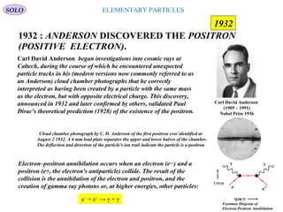 ELEMENTARY PARTICLES
1932 : ANDERSON DISCOVERED THE POSITRON
(POSITIVE ELECTRON).
SOLO
Carl David Anderson
(1905 – 1991)
Nobel Prize 1936
1932
Carl David Anderson began investigations into cosmic rays at
Caltech, during the course of which he encountered unexpected
particle tracks in his (modern versions now commonly referred to as
an Anderson) cloud chamber photographs that he correctly
interpreted as having been created by a particle with the same mass
as the electron, but with opposite electrical charge. This discovery,
announced in 1932 and later confirmed by others, validated Paul
Dirac's theoretical prediction (1928) of the existence of the positron.
Cloud chamber photograph by C. D. Anderson of the first positron ever identified at
August 2 1932. A 6 mm lead plate separates the upper and lower halves of the chamber.
The deflection and direction of the particle's ion trail indicate the particle is a positron
Electron–positron annihilation occurs when an electron (e−) and a
positron (e+, the electron's antiparticle) collide. The result of the
collision is the annihilation of the electron and positron, and the
creation of gamma ray photons or, at higher energies, other particles:
e−
+ e+
→ γ + γ
Feynman Diagram of
Electron-Positron Annihilation
 