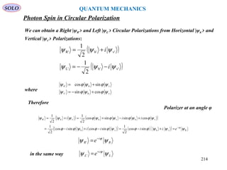 Photon Spin in Circular Polarization
SOLO
We can obtain a Right |ψR’› and Left |ψL’› Circular Polarizations from Horizontal |ψh’› and
Vertical |ψv’› Polarizations:
( )
( )v'h'L'
v'h'R'
2
1
2
1
ψψψ
ψψψ
i
i
−−=
+=
where
in the same way
vh'v
vh'
cossin
sincos
ψϕψϕψ
ψϕψϕψ
+−=
+=h
( ) ( )
( ) ( )( ) ( ) ( ) Rvhvh
vhvhv'h'R'
sincos
2
1
sincossincos
2
1
cossinsincos
2
1
2
1
ψψψϕϕψϕϕψϕϕ
ψϕψϕψϕψϕψψψ
ϕi
eiiiii
iii
−
=+−=−+−=
+−+=+=
Therefore
L
i
L e ψψ ϕ+
='
R
i
R e ψψ ϕ−
='
QUANTUM MECHANICS
Polarizer at an angle φ
214
 