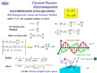 23
SOLO
ELECTROMGNETIC WAVE EQUATIONS
For Homogeneous, Linear and Isotropic Medium
ED

ε=
HB

µ=
where are constant scalars, we haveµε,
t
E
t
D
H
t
t
H
t
B
E
ED
HB
∂
∂
=
∂
∂
=×∇
∂
∂
∂
∂
−=
∂
∂
−=×∇×∇
=
=






εµ
µ
ε
µ
Since we have also
tt ∂
∂
×∇=∇×
∂
∂
( )
( ) ( )


















=⋅∇=
∇−⋅∇∇=×∇×∇
=
∂
∂
+×∇×∇
0&
0
2
2
2
DED
EEE
t
E
E




ε
µε
t
D
H
∂
∂
=×∇


t
B
E
∂
∂
−=×∇


For Source less
Medium
02
2
2
=
∂
∂
−∇
t
E
E


µε
Define
meme KK
c
KK
v ===
∆
00
11
εµµε
where ( )
smc /103
10
36
1
104
11 8
9700
×=






××
==
−−
∆
π
π
εµ
c is the velocity of light in free space.
Electromagnetism
Run This
Return to Table of Content
Classical Theories
 