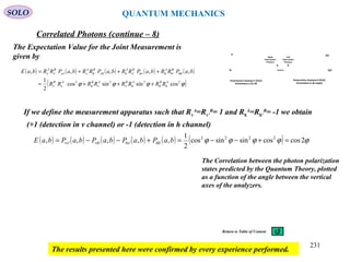 SOLO QUANTUM MECHANICS
The Expectation Value for the Joint Measurement is
given by
( ) ( ) ( ) ( ) ( )
( )ϕϕϕϕ 2
h'h
2
h'v
2
v'h
2
v'v
hh''hhhv''vhvh''hvvv''vv
cossinsincos
2
1
,,,,,
ABABABAB
BABABABA
RRRRRRRR
baPRRbaPRRbaPRRbaPRRbaE
+++=
+++=
If we define the measurement apparatus such that Rv
A
=Rv’
B
= 1 and Rh
A
=Rh’
B
= -1 we obtain
( ) ( ) ( ) ( ) ( ) ( ) ϕϕϕϕϕ 2coscossinsincos
2
1
,,,,, 2222
hh'hv'vh'vv' =+−−=+−−= baPbaPbaPbaPbaE
The Correlation between the photon polarization
states predicted by the Quantum Theory, plotted
as a function of the angle between the vertical
axes of the analyzers.
Correlated Photons (continue – 8)
Source
v͛
h͛
Polarization Analyzer2 (PA2)
Orientation b (φ angle)
v
h
Polarization Analyzer1 (PA1)
Orientation a (ϕ=0)
BA
Left
Polarization
Photons
Right
Polarization
Photons
(+1 (detection in v channel) or -1 (detection in h channel)
The results presented here were confirmed by every experience performed.
231
Return to Table of Content
 