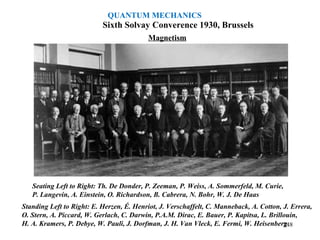 Sixth Solvay Converence 1930, Brussels
Magnetism
Seating Left to Right: Th. De Donder, P. Zeeman, P. Weiss, A. Sommerfeld, M. Curie,
P. Langevin, A. Einstein, O. Richardson, B. Cabrera, N. Bohr, W. J. De Haas
Standing Left to Right: E. Herzen, É. Henriot, J. Verschaffelt, C. Manneback, A. Cotton, J. Errera,
O. Stern, A. Piccard, W. Gerlach, C. Darwin, P.A.M. Dirac, E. Bauer, P. Kapitsa, L. Brillouin,
H. A. Kramers, P. Debye, W. Pauli, J. Dorfman, J. H. Van Vleck, E. Fermi, W. Heisenberg248
QUANTUM MECHANICS
 