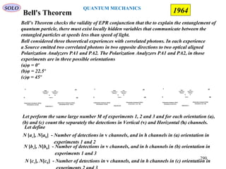 Bell's Theorem
SOLO
1964
Bell considered three theoretical experiences with correlated photons. In each experience
a Source emitted two correlated photons in two opposite directions to two optical aligned
Polarization Analyzers PA1 and PA2. The Polarization Analyzers PA1 and PA2, in those
experiments are in three possible orientations
(a)φ = 0º
(b)φ = 22.5º
(c)φ = 45º
Source
v͛
h͛
Polarization Analyzer2 (PA2)
Orientation b (ϕ =22.5)
v
h
Polarization Analyzer1 (PA1)
Orientation a (ϕ=0)
BA
Left
Polarization
Photons
Right
Polarization
Photons
Experience 1
Source
v͛͛
h͛͛
Polarization Analyzer2 (PA2)
Orientation c (ϕ =45)
v
h
Polarization Analyzer1 (PA1)
Orientation a (ϕ=0)
BA
Left
Polarization
Photons
Right
Polarization
Photons
Experience2
Source
v͛͛
h͛͛
Polarization Analyzer2 (PA2)
Orientation c (ϕ =45)
v
h
Polarization Analyzer1 (PA1)
Orientation b (ϕ=22.5)
BA
Left
Polarization
Photons
Right
Polarization
Photons
Experience 3
Bell’s Theorem checks the validity of EPR conjunction that the to explain the entanglement of
quantum particle, there must exist locally hidden variables that communicate between the
entangled particles at speeds less than speed of light.
Let perform the same large number M of experiments 1, 2 and 3 and for each orientation (a),
(b) and (c) count the separately the detections in Vertical (v) and Horizontal (h) channels.
Let define
N [av], N[ah] - Number of detections in v channels, and in h channels in (a) orientation in
experiments 1 and 2
N [bv], N[bh] - Number of detections in v channels, and in h channels in (b) orientation in
experiments 1 and 3
N [cv], N[ch] - Number of detections in v channels, and in h channels in (c) orientation in
290
QUANTUM MECHANICS
 