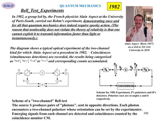 Bell_Test_Experiments
SOLO
Alain Aspect (Born 1947)
on a visit to Tel Aviv
University in 2010
Scheme for 1981 Experiment, P's polarisers and D's
detectors. Polariser axes are at angles a and b
respectively.
The diagram shows a typical optical experiment of the two-channel
kind for which Alain Aspect set a precedent in 1982.[2]
Coincidences
(simultaneous detections) are recorded, the results being categorised
as '++', '+−', '−+' or '−−' and corresponding counts accumulated.
Scheme of a "two-channel" Bell test
The source S produces pairs of "photons", sent in opposite directions. Each photon
encounters a two-channel polariser whose orientation can be set by the experimenter.
Emerging signals from each channel are detected and coincidences counted by the
coincidence monitor CM.
In 1982, a group led by, the French physicist Alain Aspect at the University
of Paris-South, carried out Bohm's experiment, demonstrating once and
for all that quantum mechanics does indeed require spooky action. (The
reason that nonlocality does not violate the theory of relativity is that one
cannot exploit it to transmit information faster than light or
instantaneously.)
1982
300
QUANTUM MECHANICS
 
