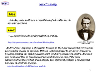 31
SOLO
http://thespectroscopynet.com/educational/Kirchhoff.htm
Spectroscopy
1868
A.J. Ångström published a compilation of all visible lines in
the solar spectrum.
1869
A.J. Ångström made the first reflection grating.
Anders Jonas Angström a physicist in Sweden, in 1853 had presented theories about
gases having spectra in his work: Optiska Undersökningar to the Royal Academy of
Sciences pointing out that the electric spark yields two superposed spectra. Angström
also postulated that an incandescent gas emits luminous rays of the same
refrangibility as those which it can absorb. This statement contains a fundamental
principle of spectrum analysis.
http://en.wikipedia.org/wiki/Spectrum_analysis
 