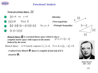 359
Functional AnalysisSOLO
(Identity)00 =⇔= xx1
Xxx ∈∀≥ 02 (Non-negativity)
xx λλ =4
x
0
Norm of a Linear Space .x
Xyxyxyxyx ∈∀+≤+≤− ,3 (Triangle Inequality)
x
y
yx +
Banach Space B is a normed linear space which is also a
complete metric space with respect to the metric
induced by the norm
( ) yxyx −=,ρ
{ } 0.., →−∈∃∈∀⇒ xxtsxxsequenceCauchySpaceBanach nn BB
Stefan Banach
1892 - 1945
A subset S of a Banch B Space is complete if and only if S is
closed in B.
 