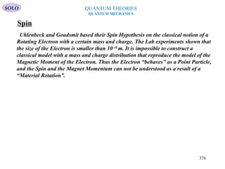Spin
Uhlenbeck and Goudsmit based their Spin Hypothesis on the classical notion of a
Rotating Electron with a certain mass and charge. The Lab experiments shown that
the size of the Electron is smaller than 10-18
m. It is impossible to construct a
classical model with a mass and charge distribution that reproduce the model of the
Magnetic Moment of the Electron. Thus the Electron “behaves” as a Point Particle,
and the Spin and the Magnet Momentum can not be understood as a result of a
“Material Rotation”.
QUANTUM THEORIES
QUANTUM MECHANICS
SOLO
376
 