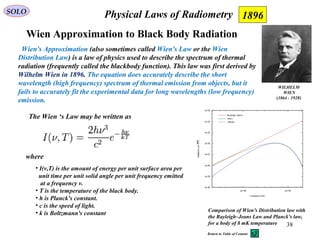 38
Physical Laws of RadiometrySOLO
Wien Approximation to Black Body Radiation
Wien's Approximation (also sometimes called Wien's Law or the Wien
Distribution Law) is a law of physics used to describe the spectrum of thermal
radiation (frequently called the blackbody function). This law was first derived by
Wilhelm Wien in 1896. The equation does accurately describe the short
wavelength (high frequency) spectrum of thermal emission from objects, but it
fails to accurately fit the experimental data for long wavelengths (low frequency)
emission.
WILHELM
WIEN
(1864 - 1928)
Comparison of Wien's Distribution law with
the Rayleigh–Jeans Law and Planck's law,
for a body of 8 mK temperature
The Wien ‘s Law may be written as
where
• I(ν,T) is the amount of energy per unit surface area per
unit time per unit solid angle per unit frequency emitted
at a frequency ν.
• T is the temperature of the black body.
• h is Planck's constant.
• c is the speed of light.
• k is Boltzmann's constant
1896
Return to Table of Content
 