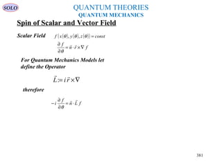 QUANTUM THEORIES
QUANTUM MECHANICS
Spin of Scalar and Vector Field
therefore
frn
f
∇×⋅=
∂
∂ 
θ
( ) ( ) ( )( ) constzyxf =θθθ ,,
For Quantum Mechanics Models let
define the Operator
∇×= riL

:
fLn
f
i

⋅=
∂
∂
−
θ
Scalar Field
SOLO
381
 